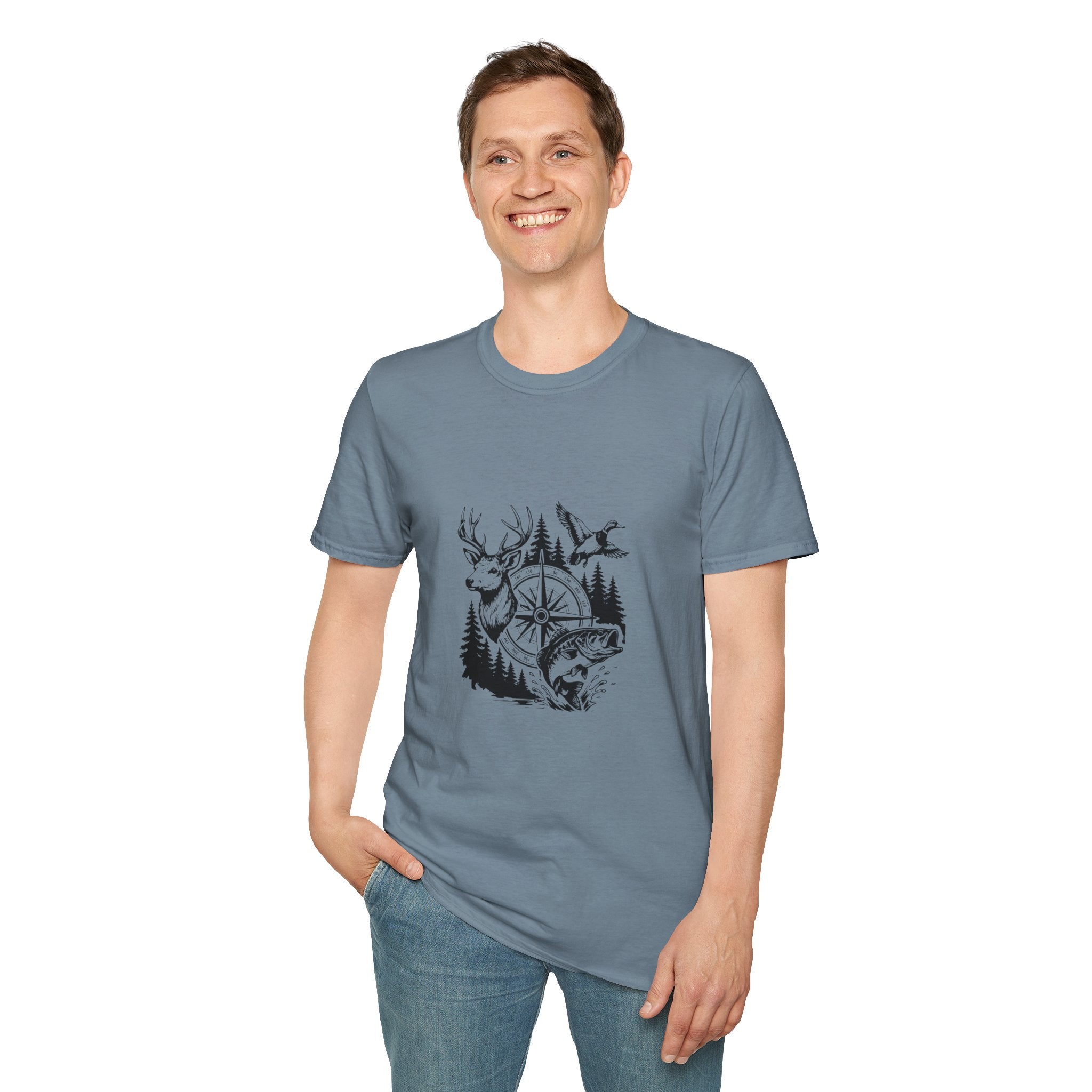 Outdoor Wildlife Compass T-Shirt — Deer Duck & Fish Nature Gift for Hunters