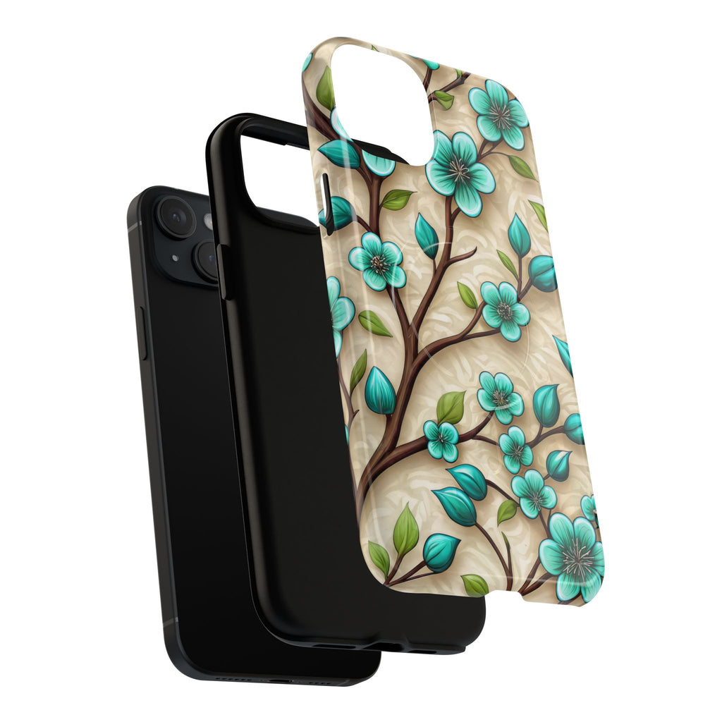 Floral Teal Blossom Tough Magnetic iPhone Case — MagSafe Protective Cover