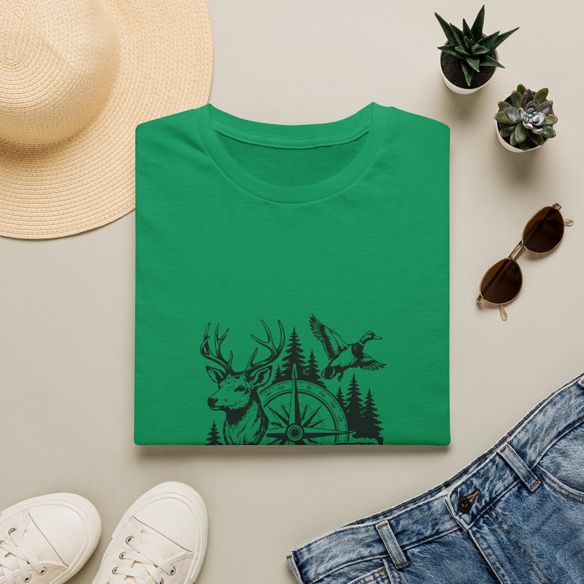 Outdoor Wildlife Compass T-Shirt — Deer Duck & Fish Nature Gift for Hunters