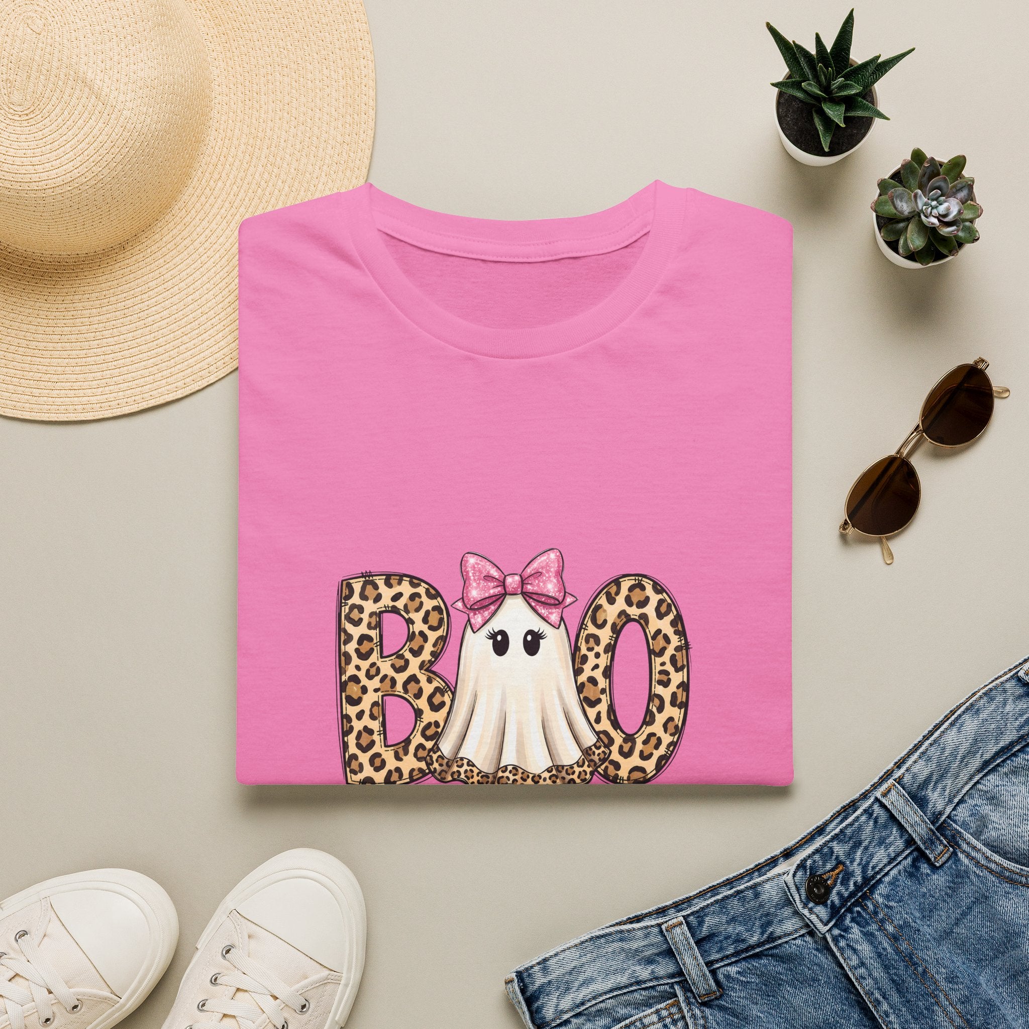Boo Leopard Ghost T-Shirt — Cute Pink Bow Halloween Gift for Women Graphic Tee