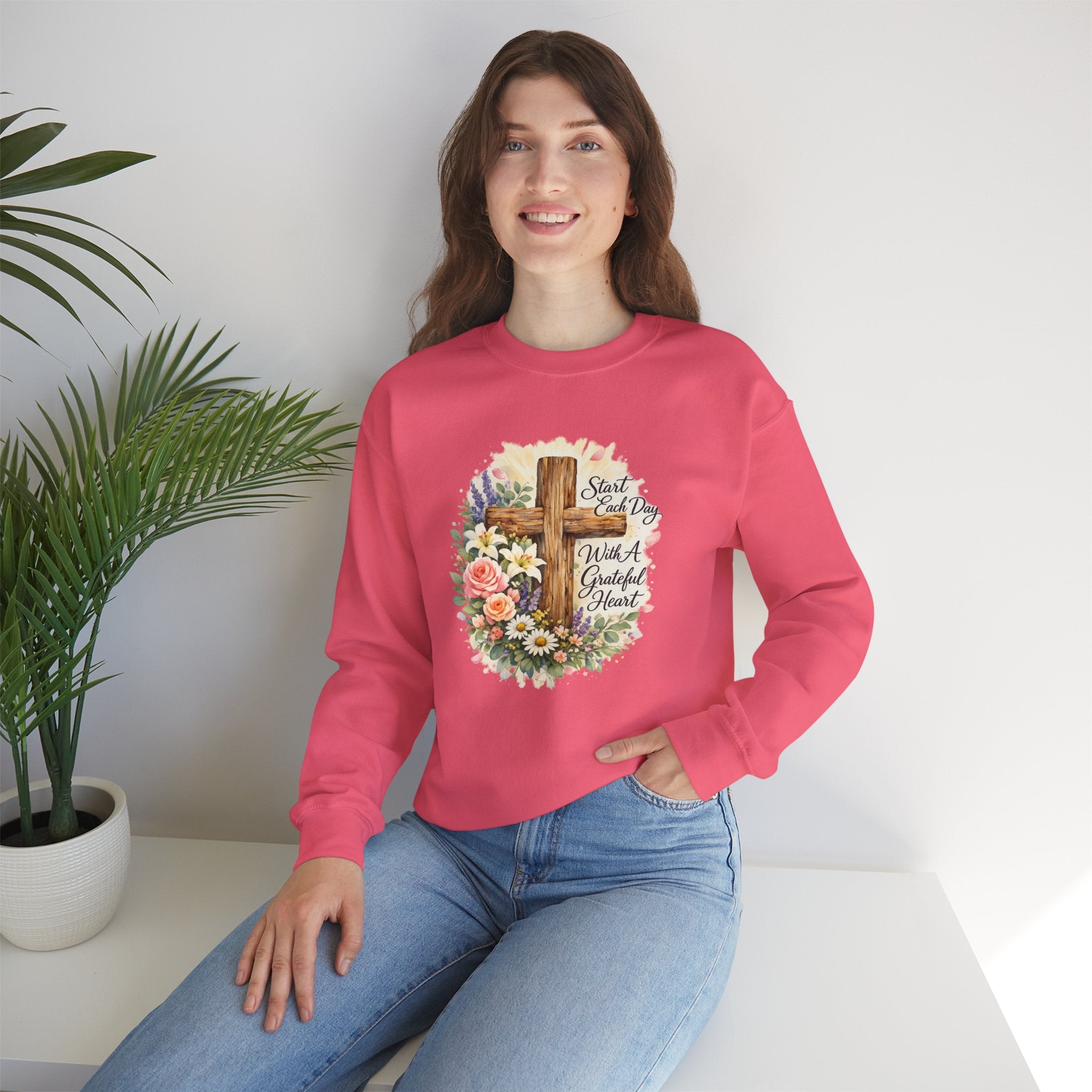 Christian Crewneck Sweatshirt — "Start Each Day with a Grateful Heart" Floral Cross