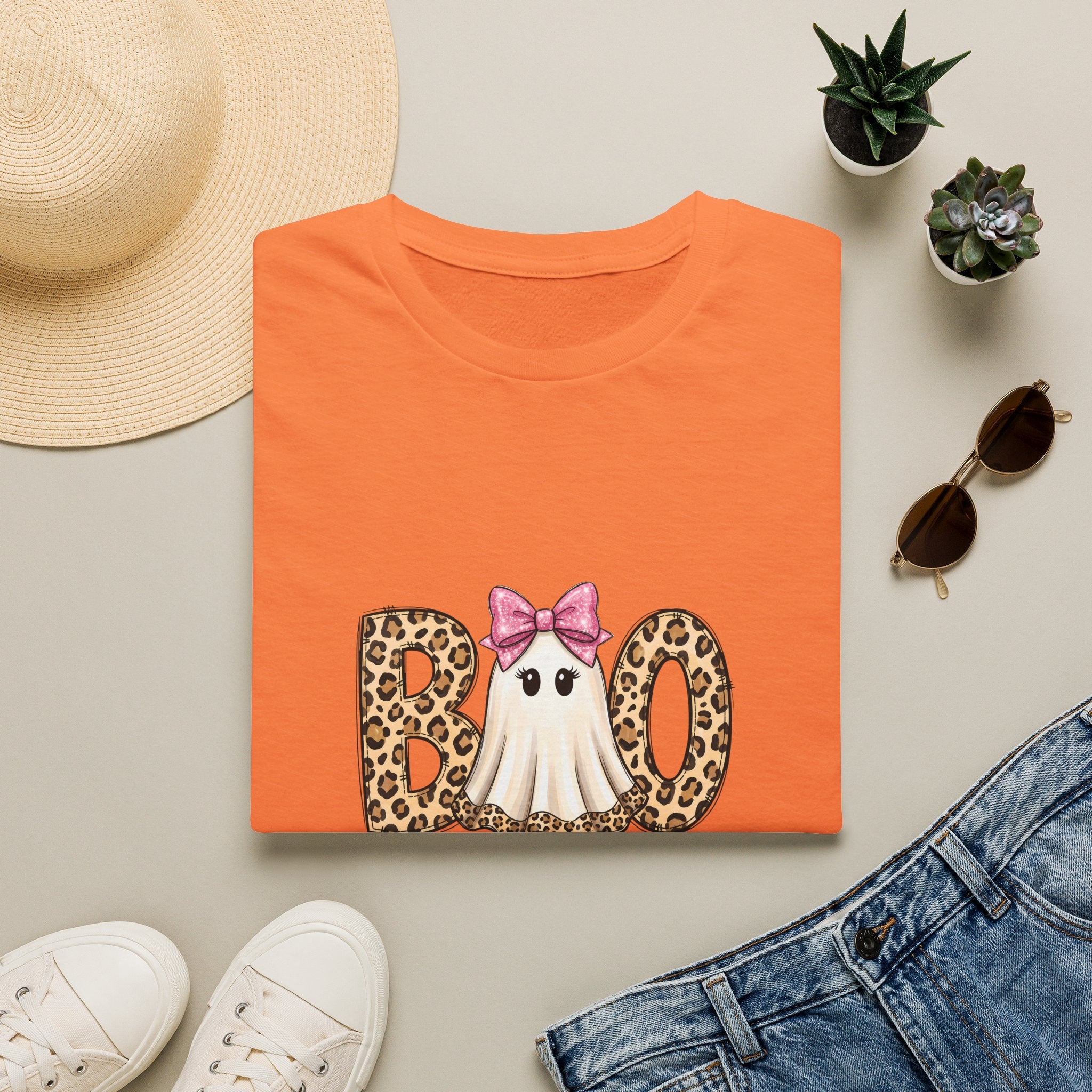Boo Leopard Ghost T-Shirt — Cute Pink Bow Halloween Gift for Women Graphic Tee