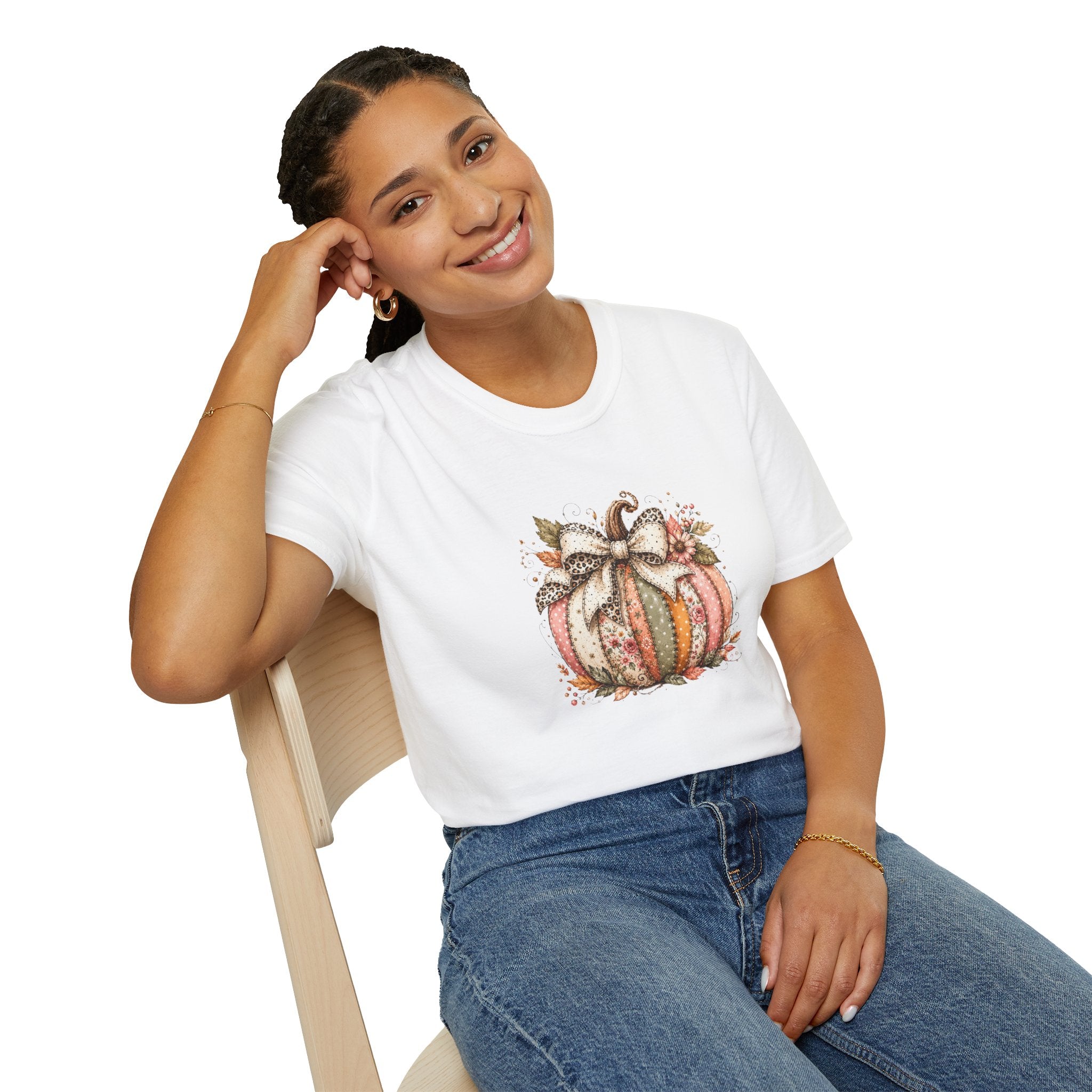 Autumn Floral Pumpkin Leopard Bow T-Shirt — Cute Fall Gift for Women Graphic Tee