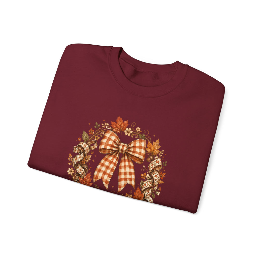Cozy Autumn Plaid Bow Wreath Crewneck Sweatshirt