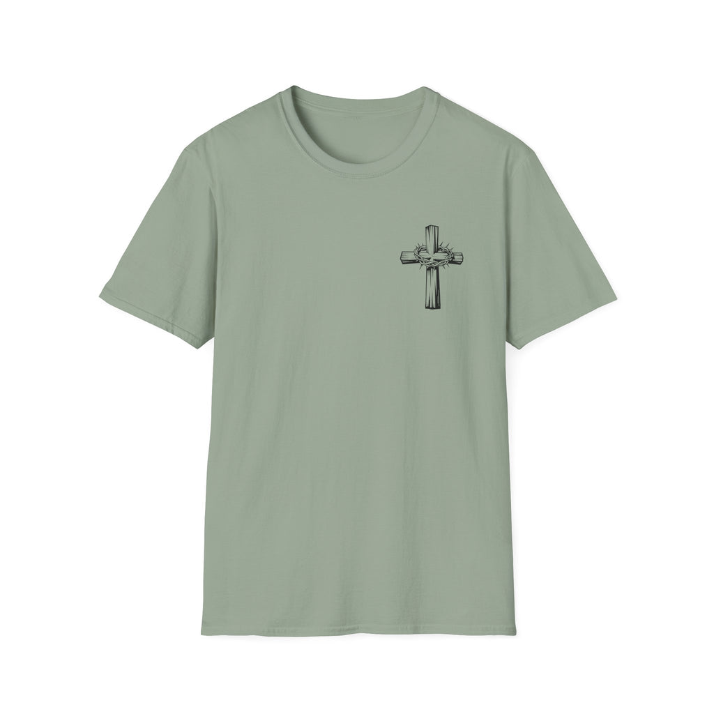 Cross Lion and Jesus Back Print T-Shirt — Wood Cross Chest Christian Faith Graphic
