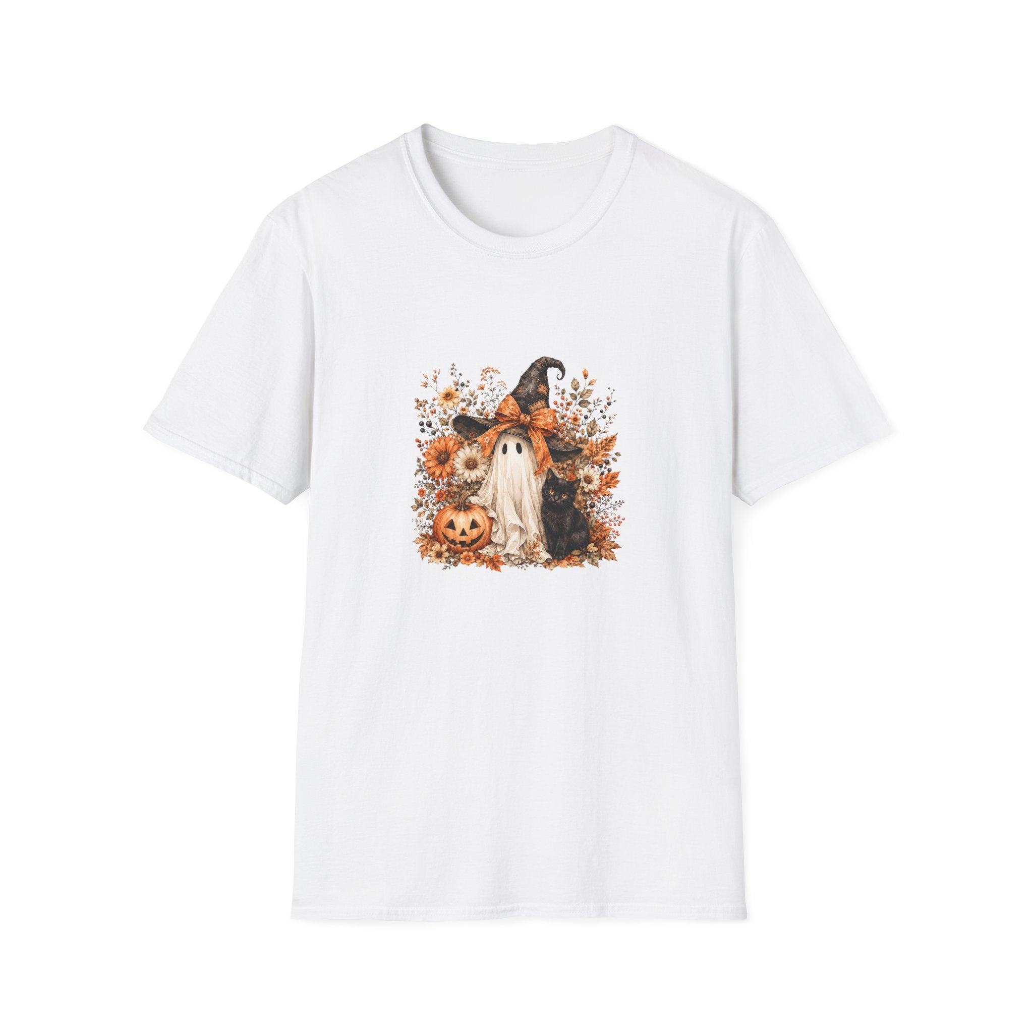 Halloween Witch Ghost & Cat T-Shirt — Cute Spooky Gift for Women Fall Floral Tee