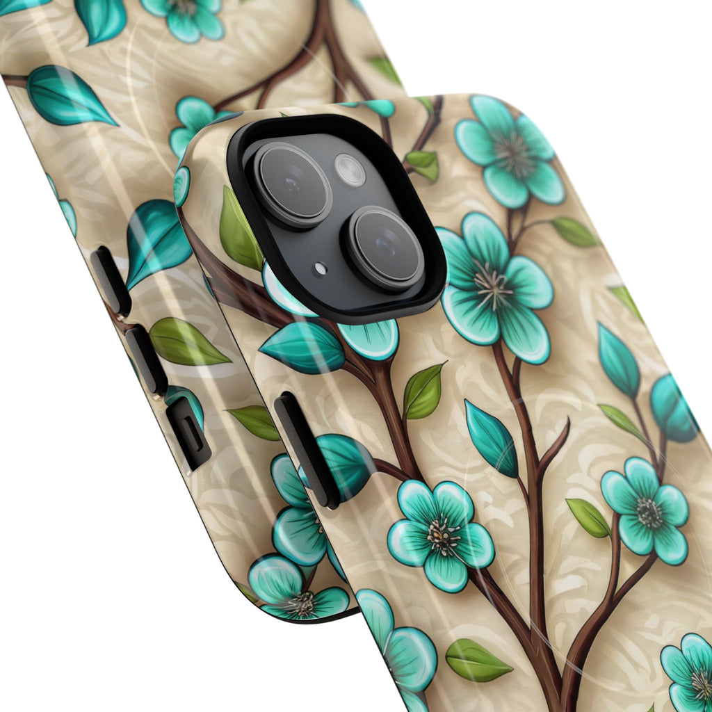 Floral Teal Blossom Tough Magnetic iPhone Case — MagSafe Protective Cover