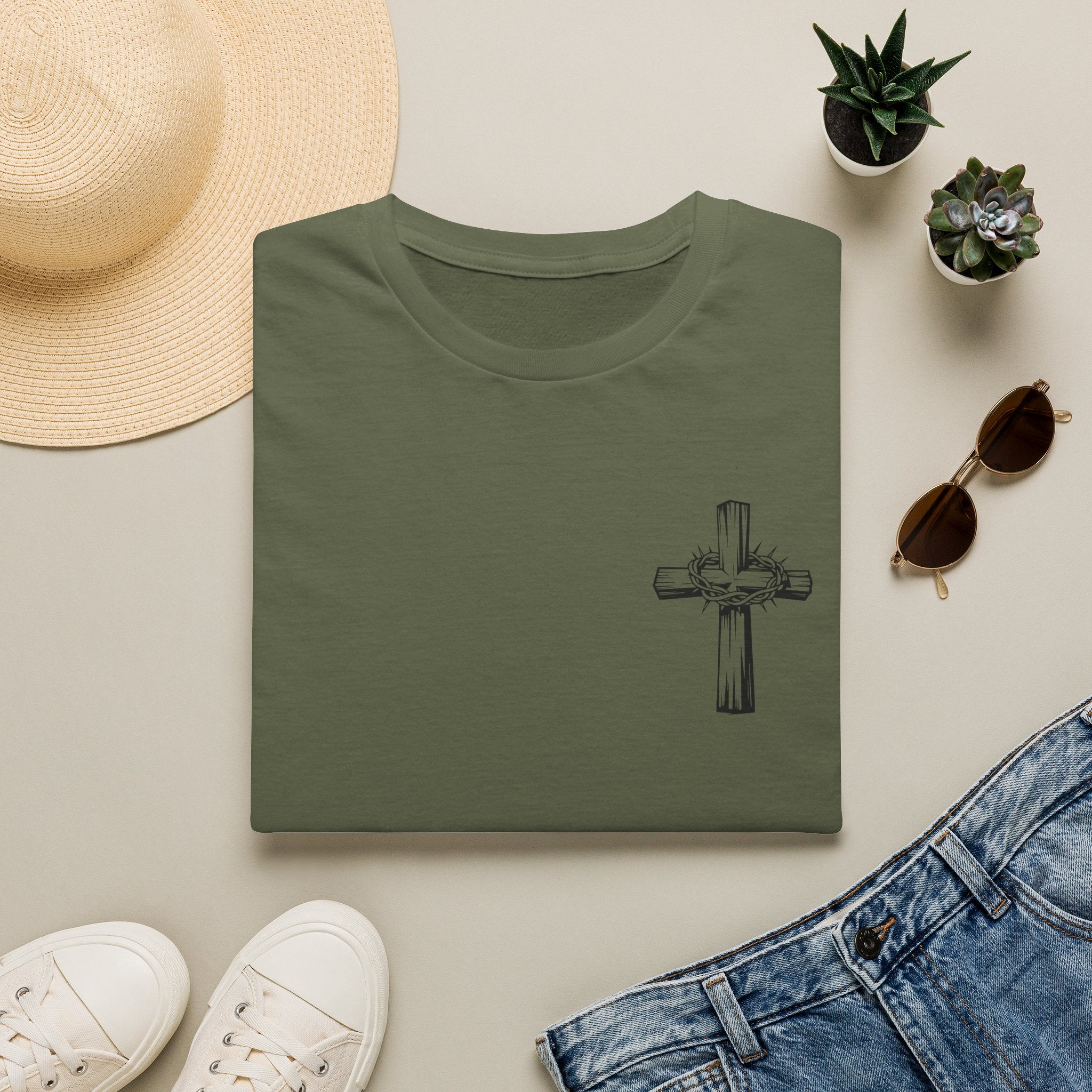 Cross Lion and Jesus Back Print T-Shirt — Wood Cross Chest Christian Faith Graphic