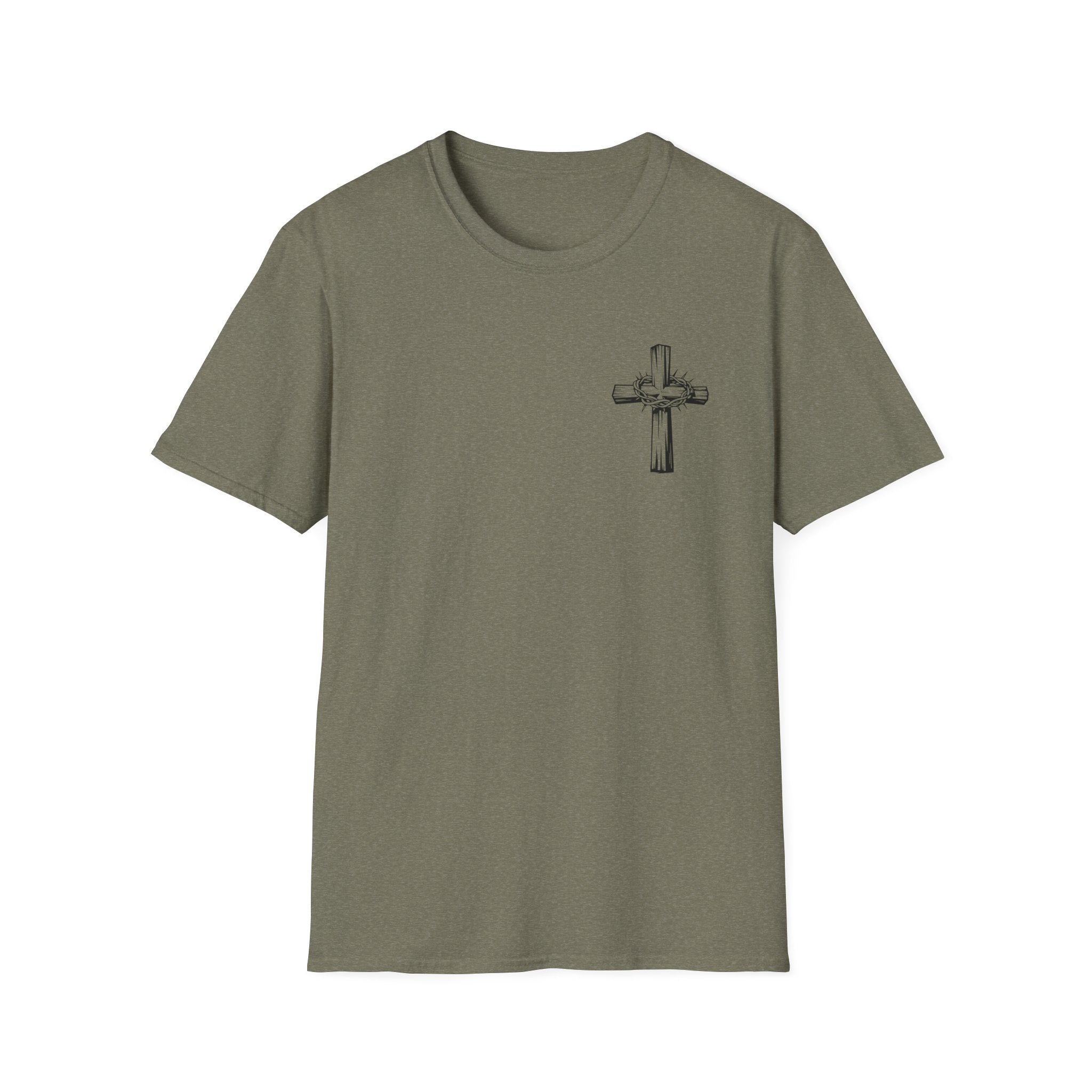 Cross Lion and Jesus Back Print T-Shirt — Wood Cross Chest Christian Faith Graphic
