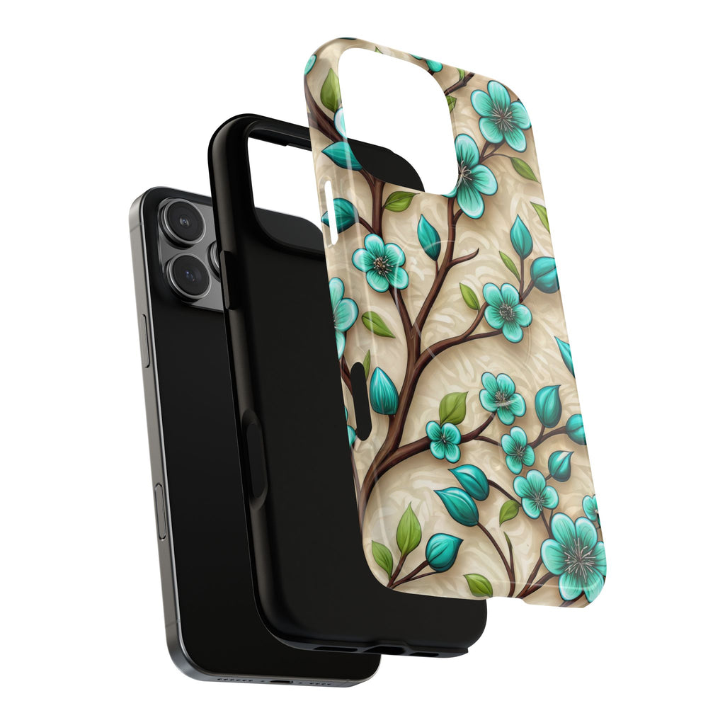 Floral Teal Blossom Tough Magnetic iPhone Case — MagSafe Protective Cover