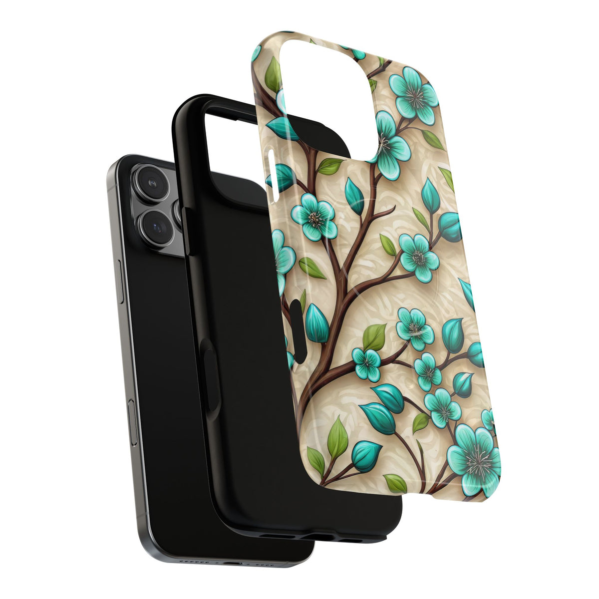 Floral Teal Blossom Tough Magnetic iPhone Case — MagSafe Protective Cover