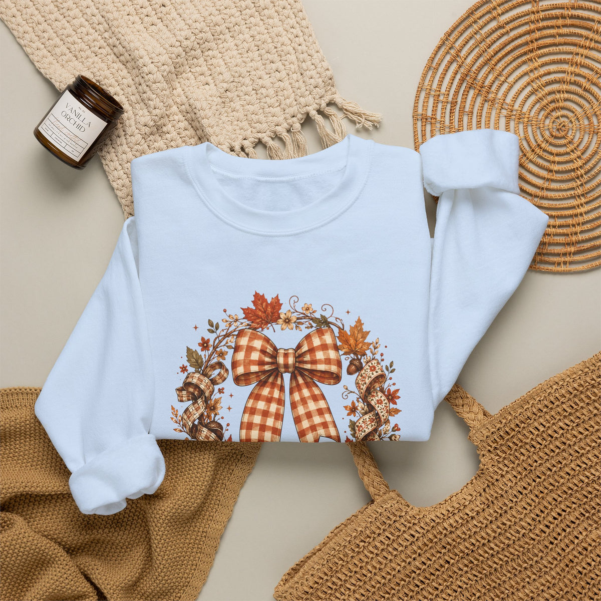 Cozy Autumn Plaid Bow Wreath Crewneck Sweatshirt