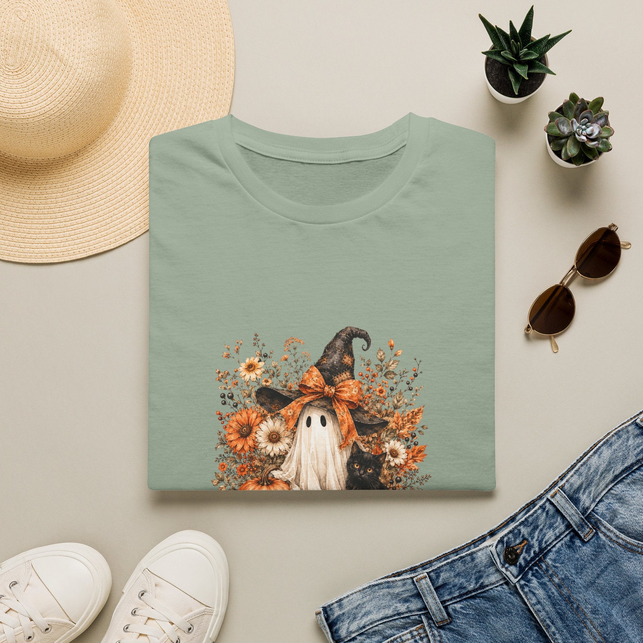 Halloween Witch Ghost & Cat T-Shirt — Cute Spooky Gift for Women Fall Floral Tee