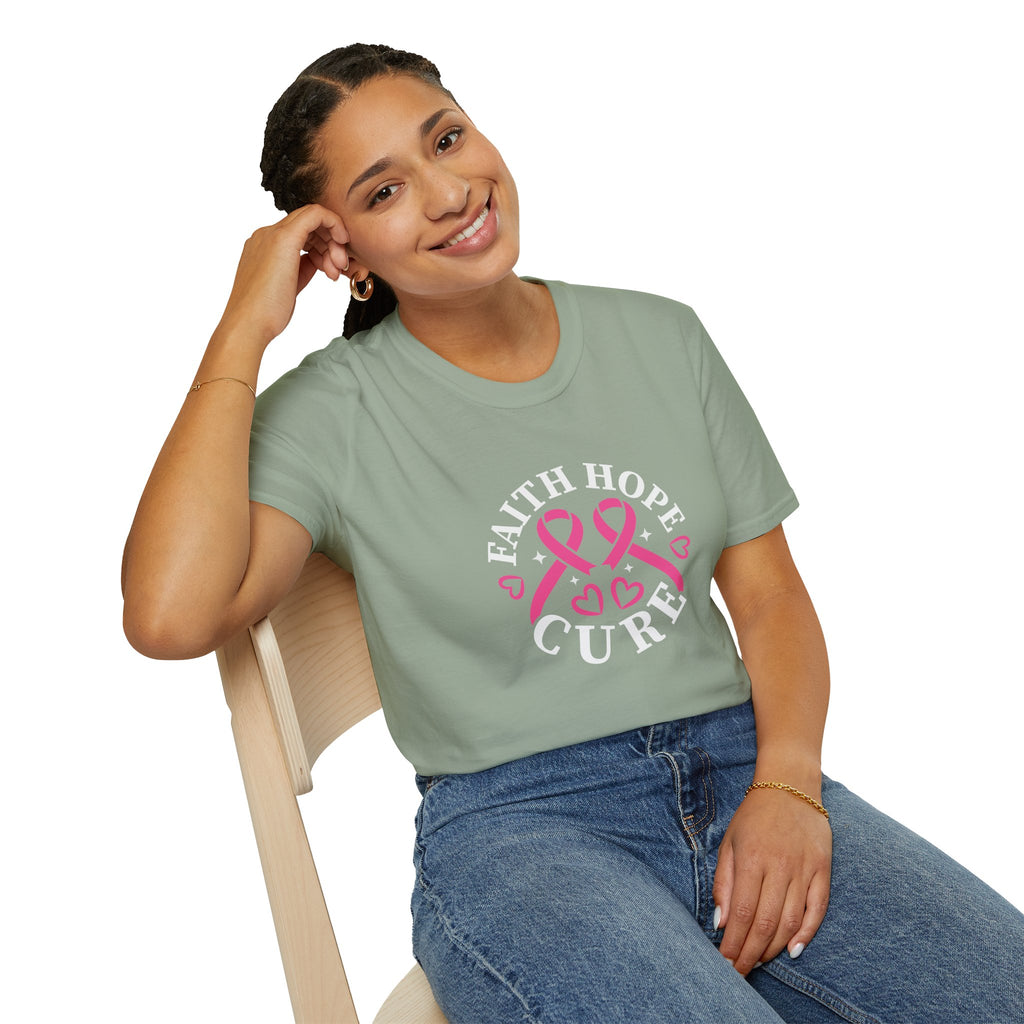 Faith Hope Cure Breast Cancer Awareness T-Shirt — Pink Ribbon Gift for Her Support Graphic Tee