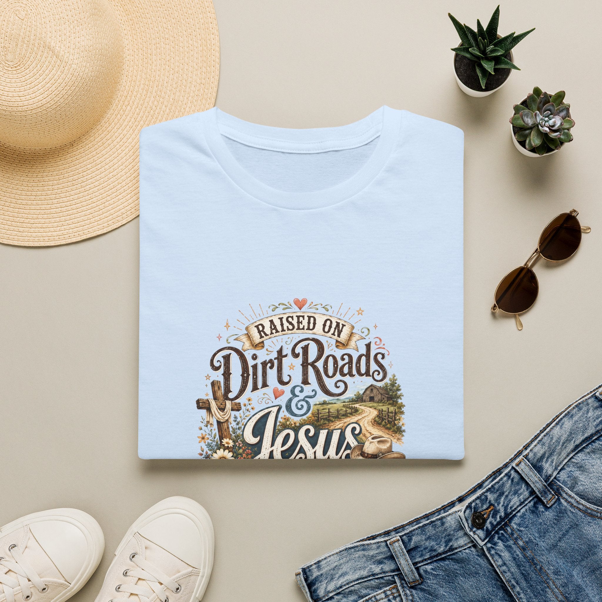 Raised on Dirt Roads & Jesus T-Shirt — Rustic Christian Gift for Women Faith Tee
