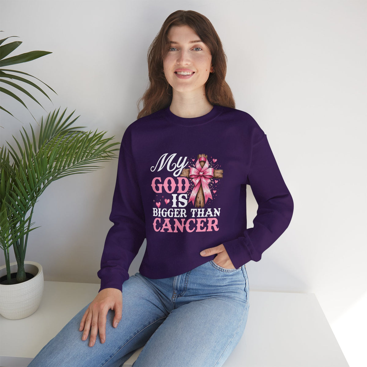 My God Is Bigger Than Cancer Breast Cancer Awareness Crewneck Sweatshirt