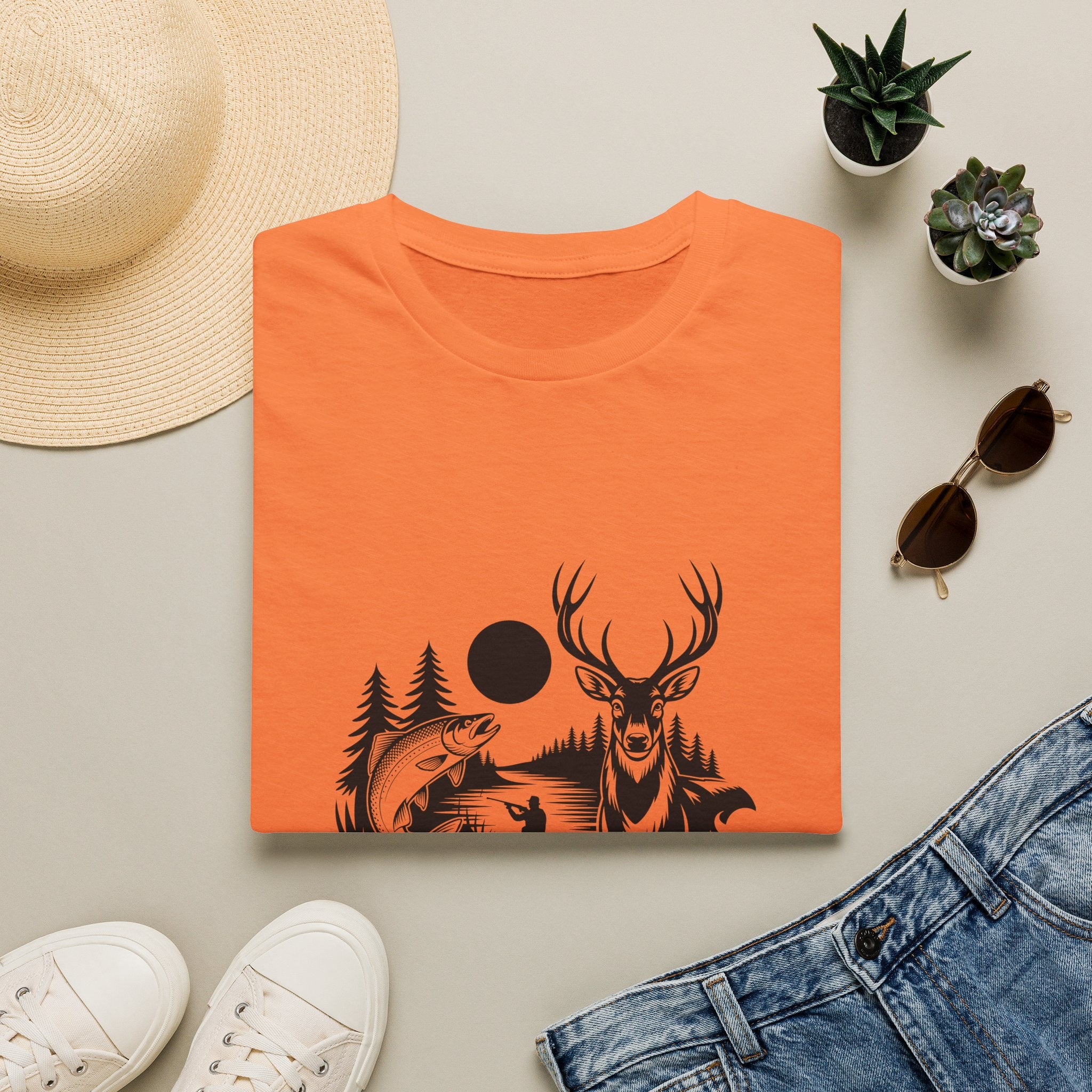 Deer & Fish Forest Silhouette T-Shirt — Rustic Outdoor Gift for Hunters Graphic Tee