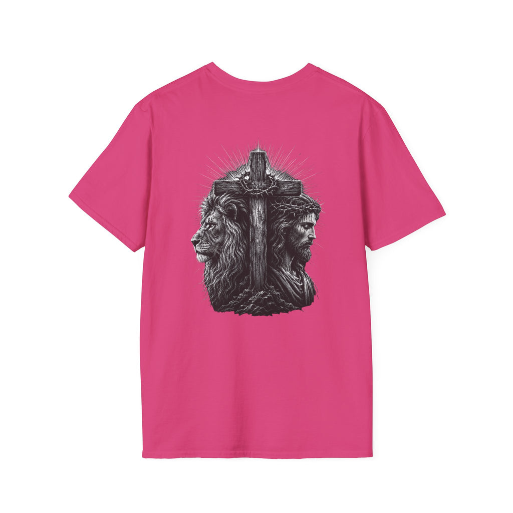Cross Lion and Jesus Back Print T-Shirt — Wood Cross Chest Christian Faith Graphic
