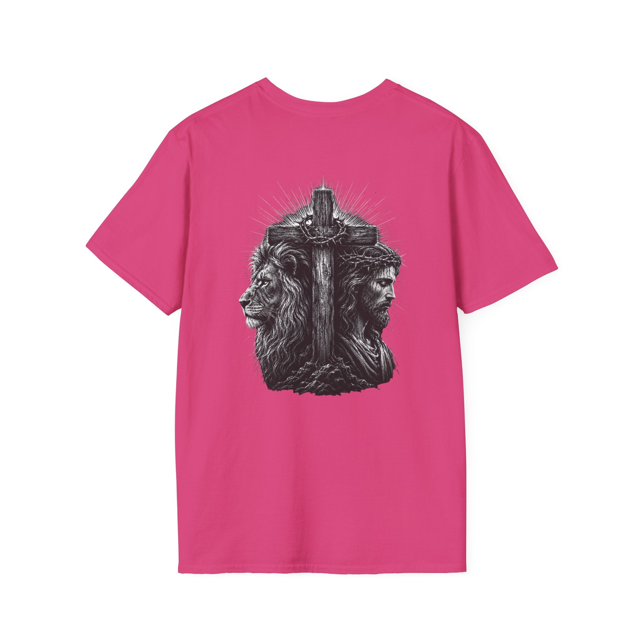 Cross Lion and Jesus Back Print T-Shirt — Wood Cross Chest Christian Faith Graphic