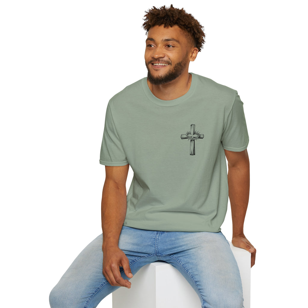 Cross Lion and Jesus Back Print T-Shirt — Wood Cross Chest Christian Faith Graphic
