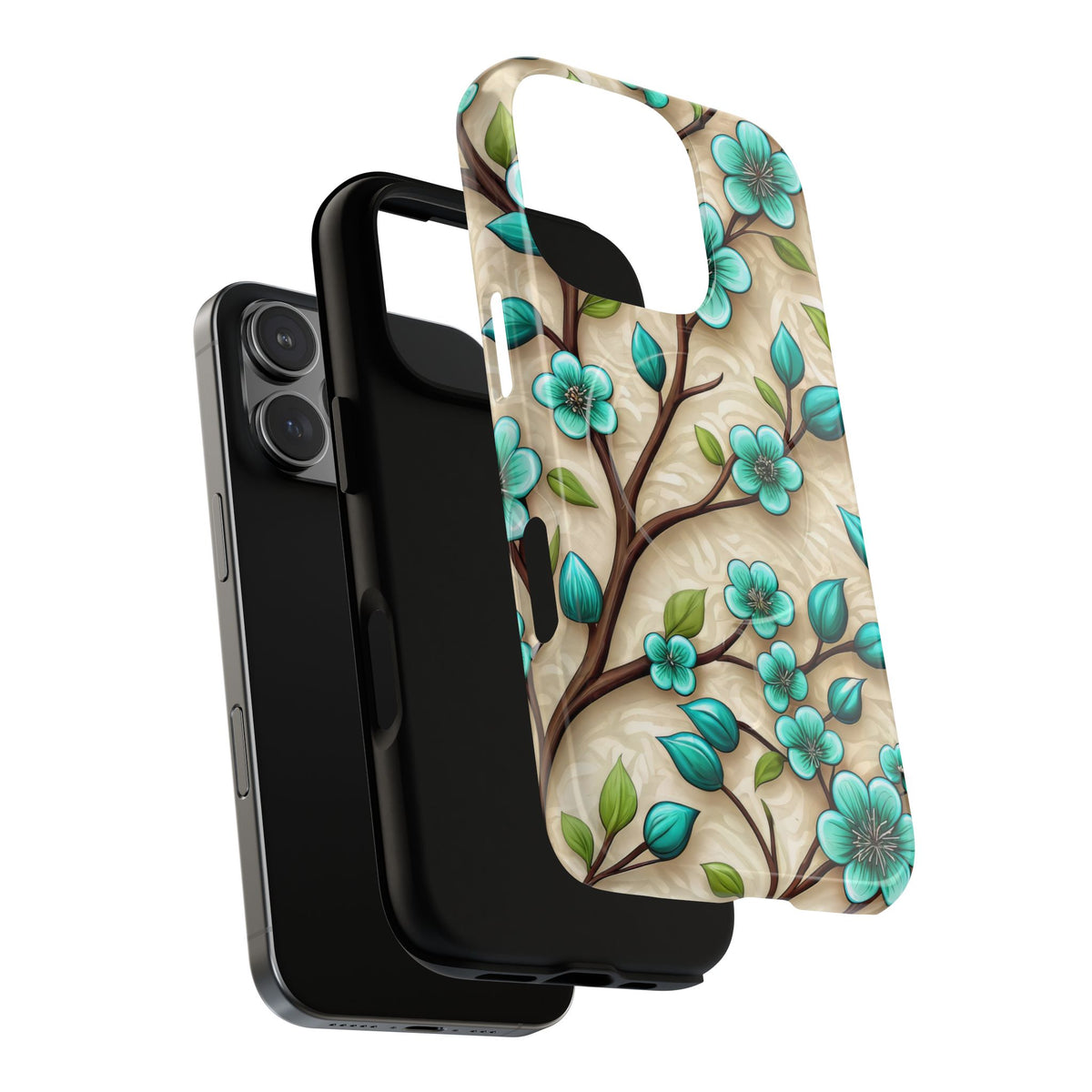 Floral Teal Blossom Tough Magnetic iPhone Case — MagSafe Protective Cover
