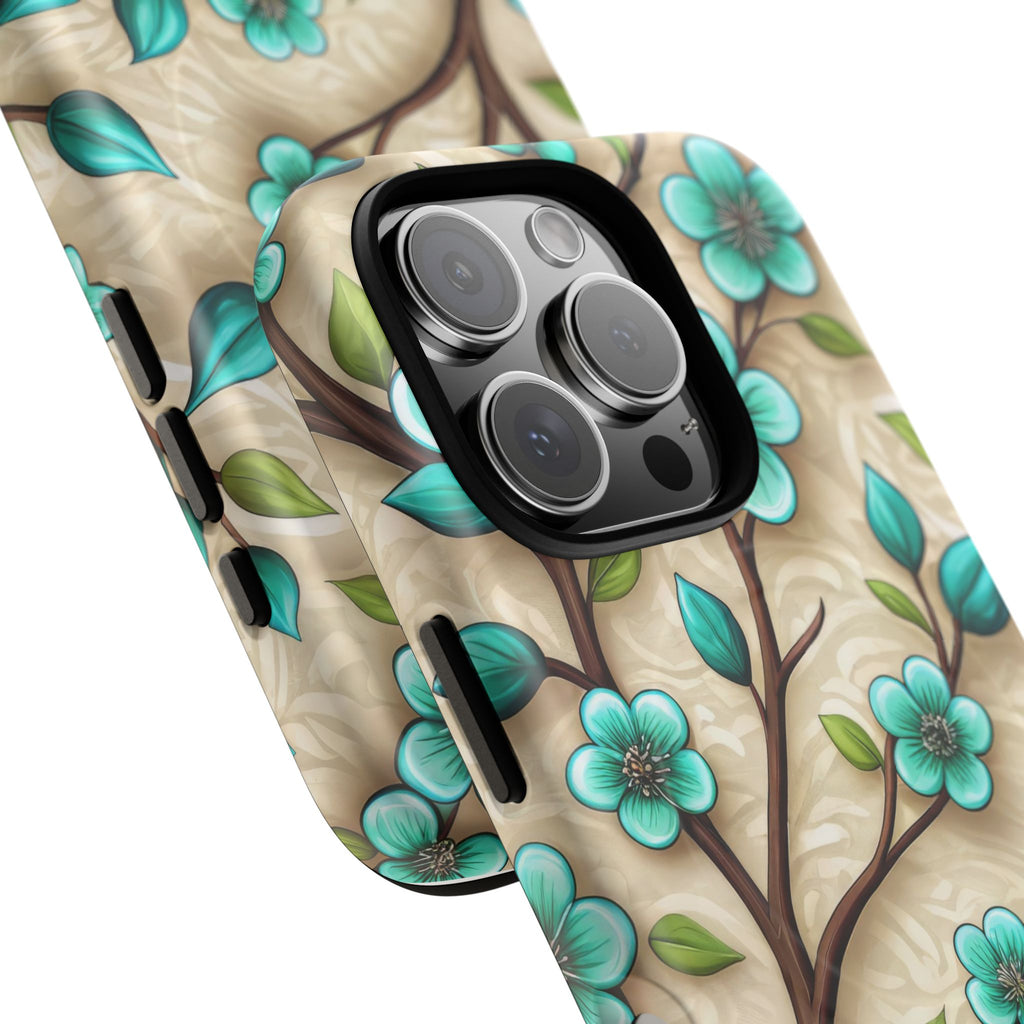 Floral Teal Blossom Tough Magnetic iPhone Case — MagSafe Protective Cover