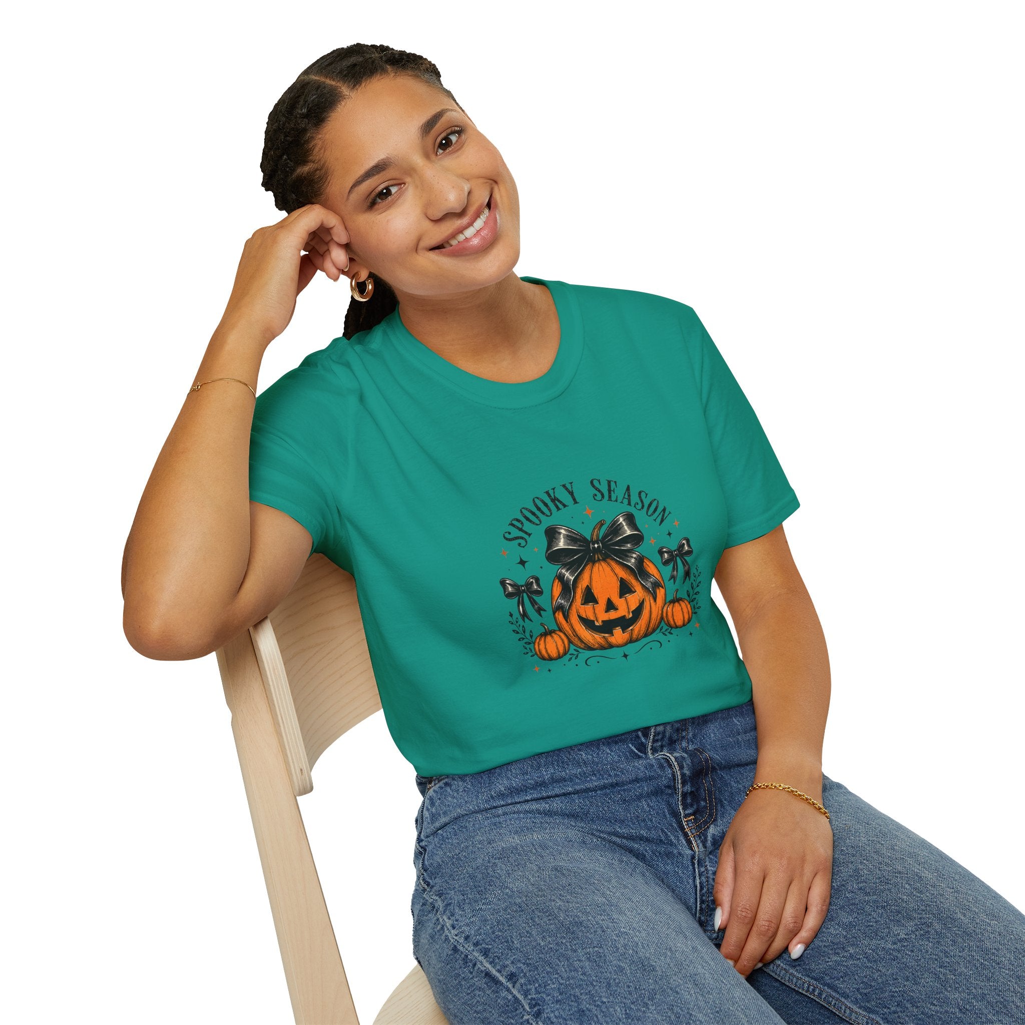 Spooky Season Jack-O'-Lantern Bow T-Shirt — Cute Halloween Gift for Women Graphic Tee