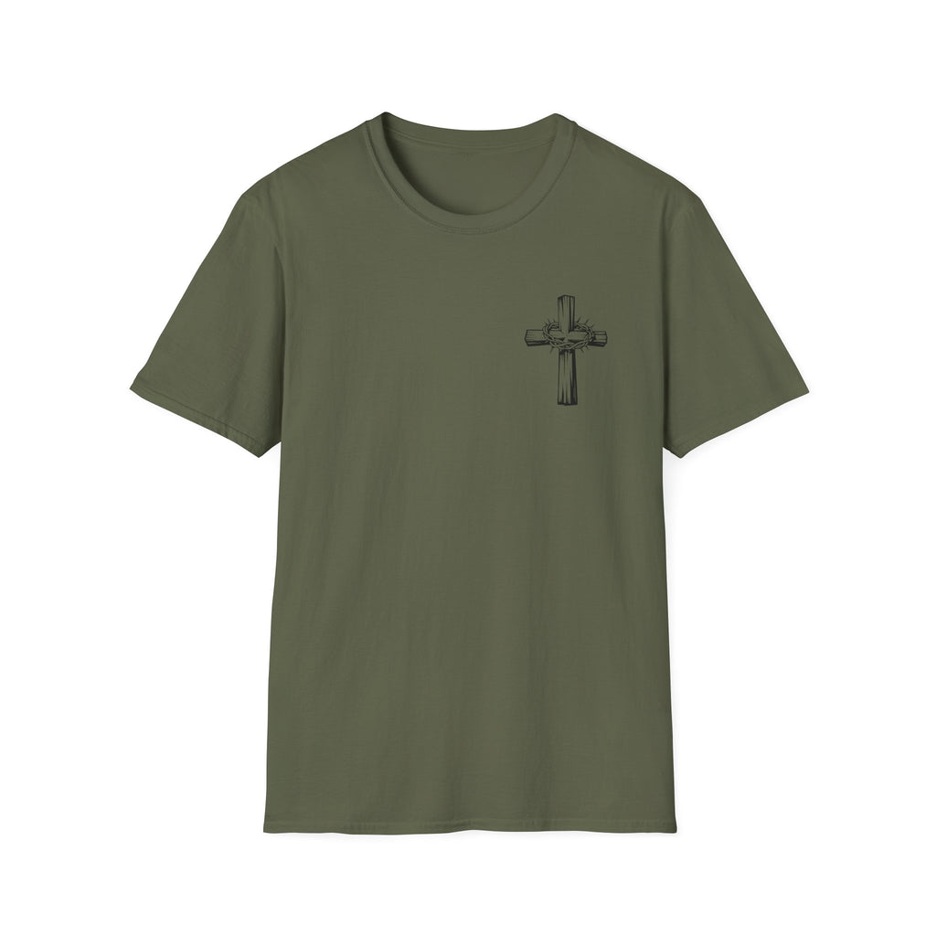 Cross Lion and Jesus Back Print T-Shirt — Wood Cross Chest Christian Faith Graphic