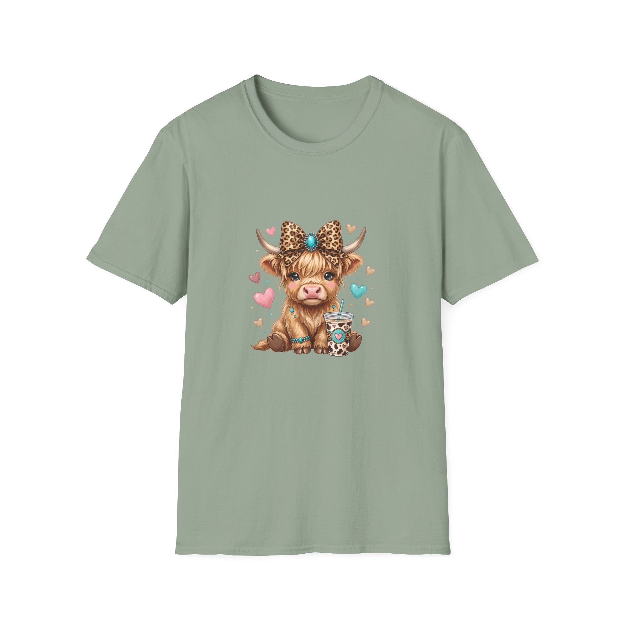 Highland Cow Leopard Bow T-Shirt — Cute Funny Gift for Her Hearts Graphic Tee