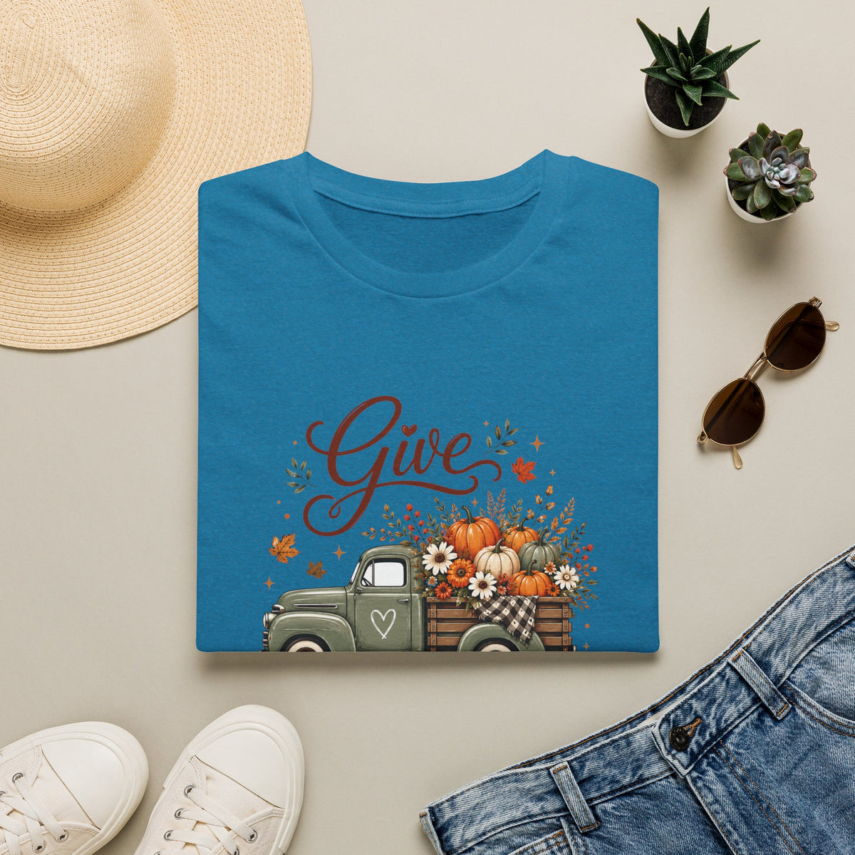 Give Thanks Fall Truck T-Shirt — Pumpkin Harvest Autumn Tee