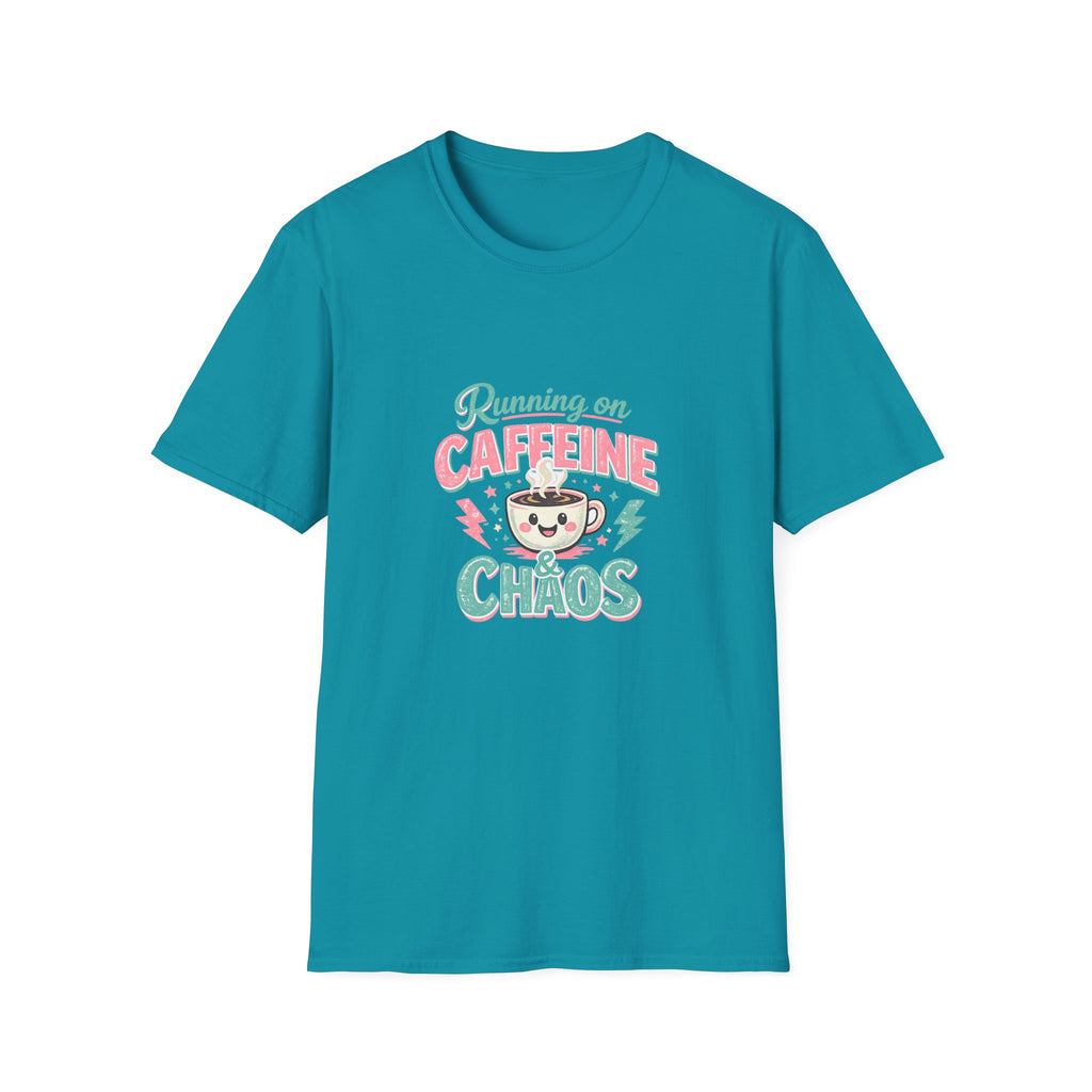 Running on Caffeine & Chaos T-Shirt — Funny Gift for Coffee Loving Moms Graphic Tee
