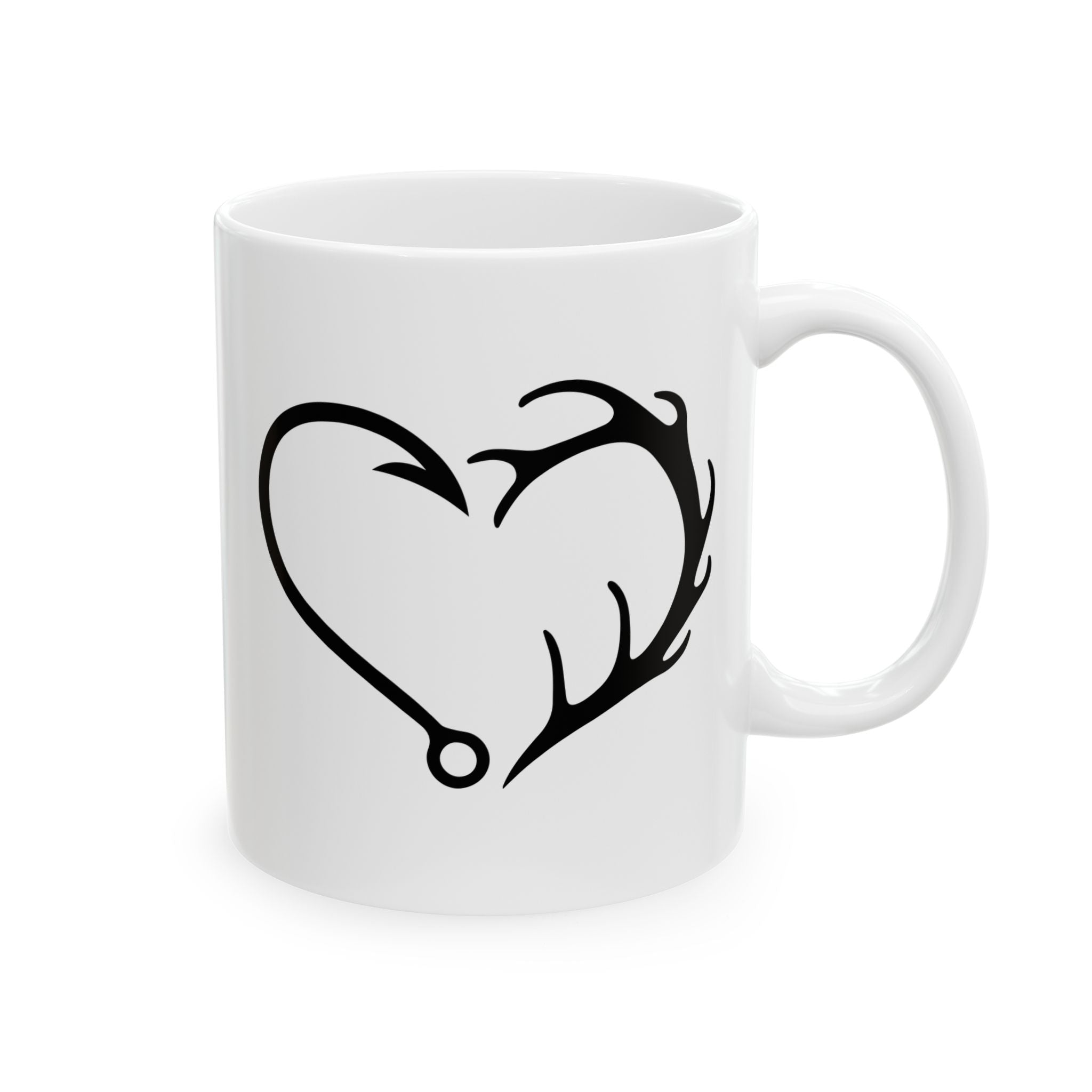 Antler Heart Ceramic Mug — Rustic Deer & Fishing Hook Gift for Him Coffee Cup 11oz 15oz