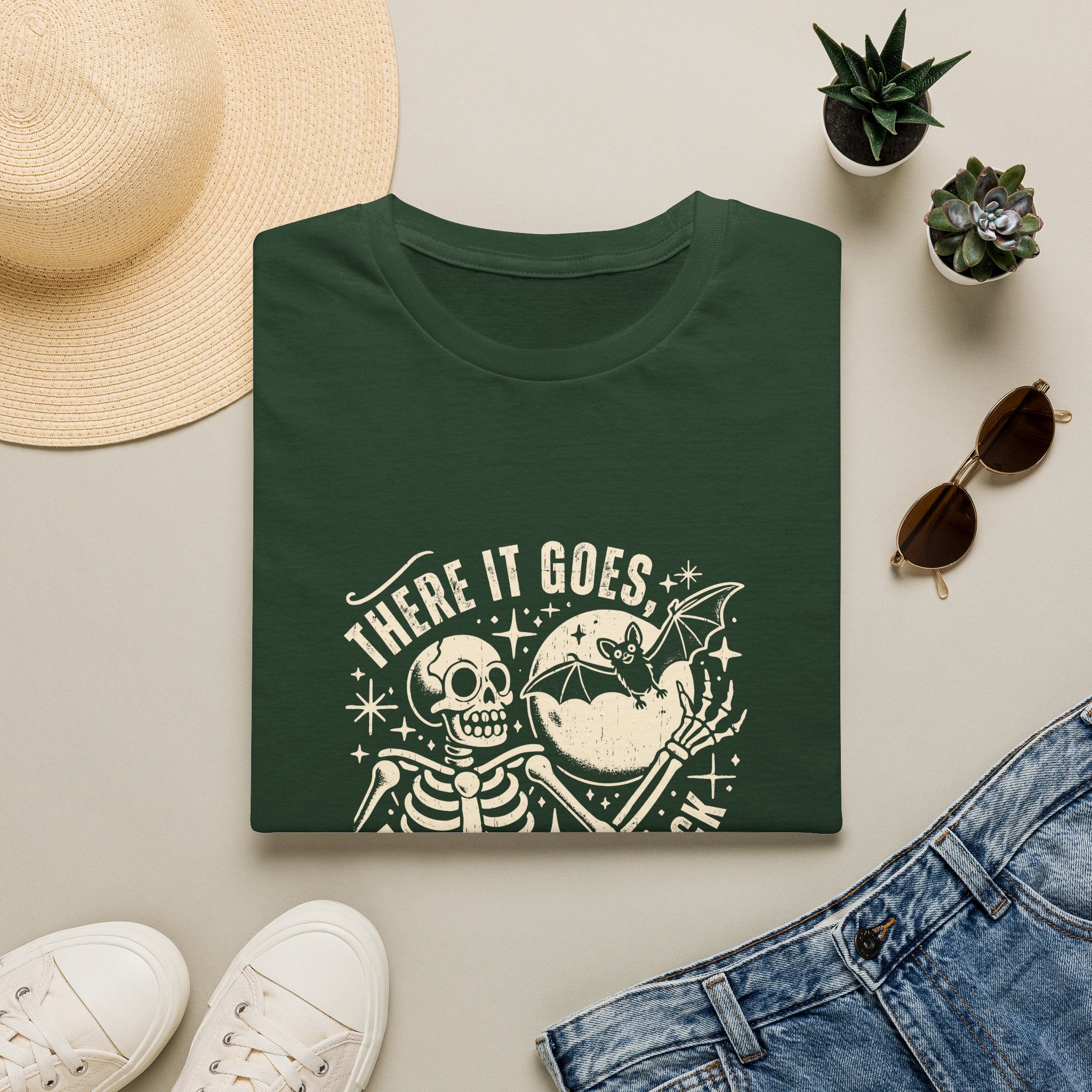 There It Goes Skull Moon & Bat T-Shirt — Cute Halloween Gift for Women Graphic Tee