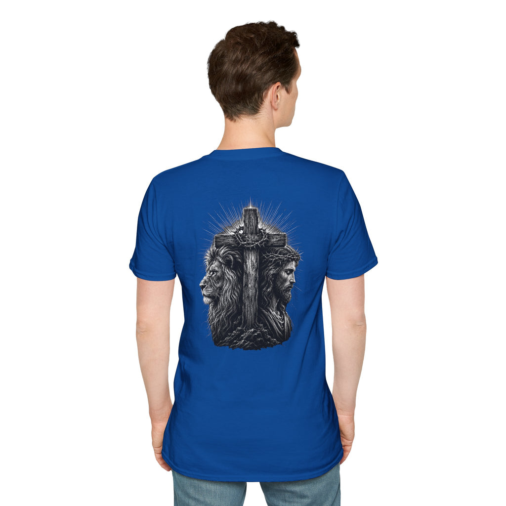 Cross Lion and Jesus Back Print T-Shirt — Wood Cross Chest Christian Faith Graphic