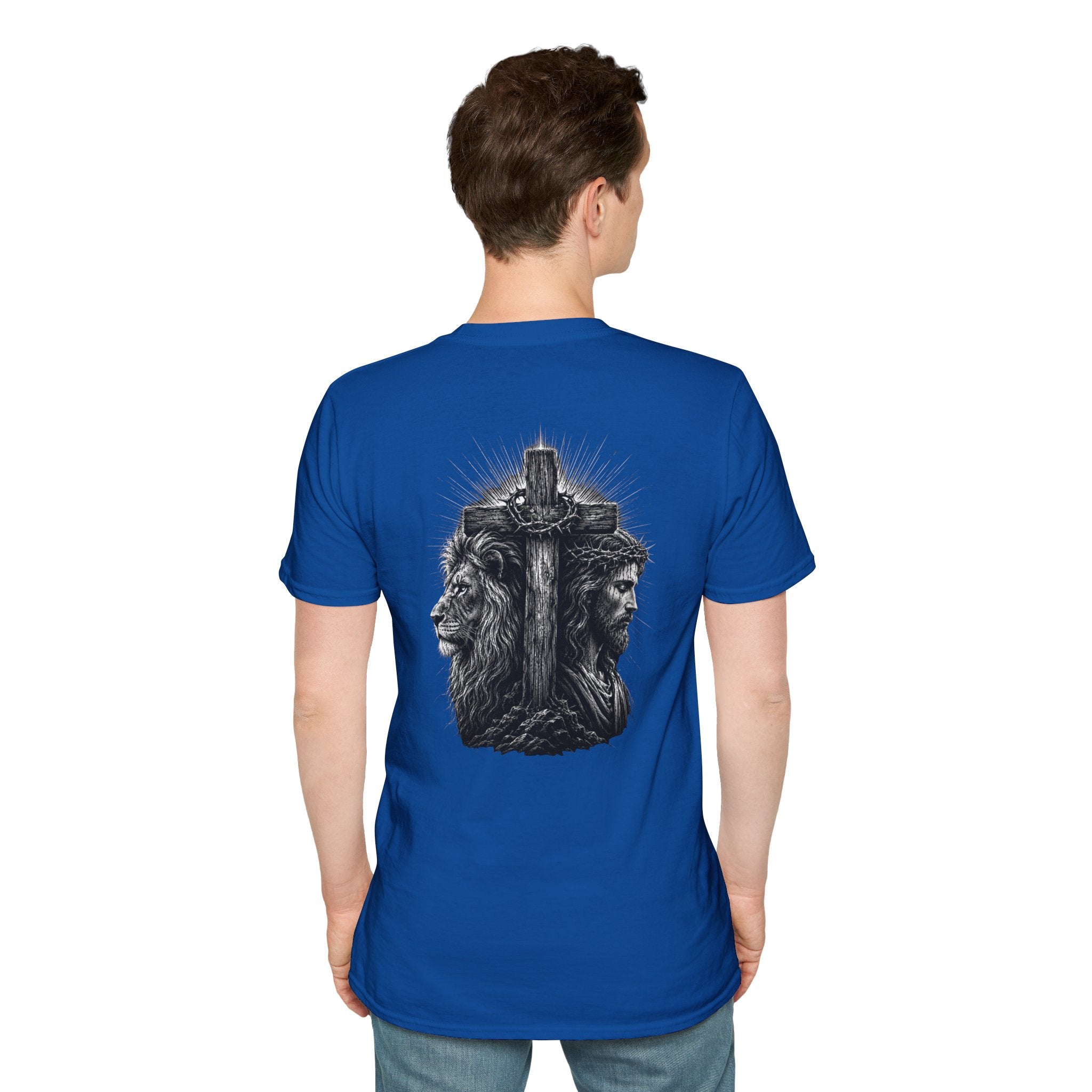 Cross Lion and Jesus Back Print T-Shirt — Wood Cross Chest Christian Faith Graphic