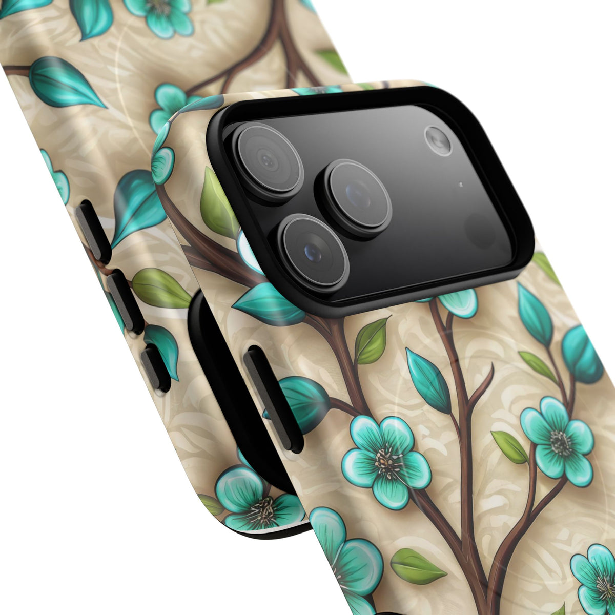 Floral Teal Blossom Tough Magnetic iPhone Case — MagSafe Protective Cover