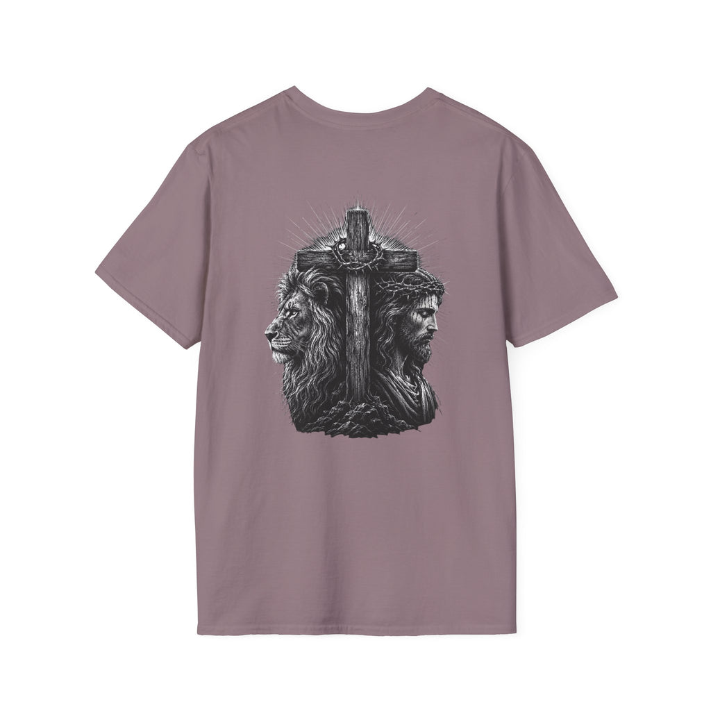 Cross Lion and Jesus Back Print T-Shirt — Wood Cross Chest Christian Faith Graphic
