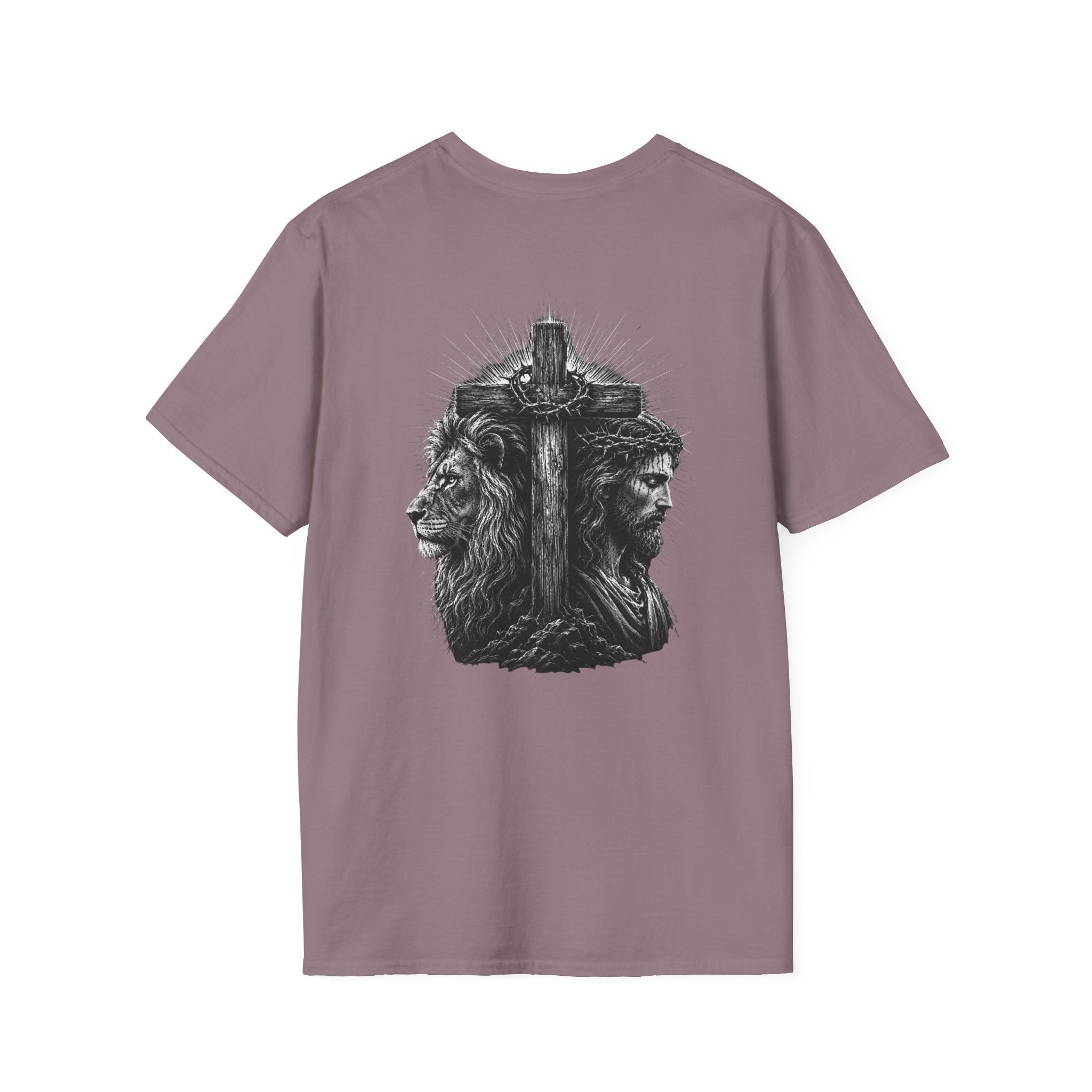 Cross Lion and Jesus Back Print T-Shirt — Wood Cross Chest Christian Faith Graphic