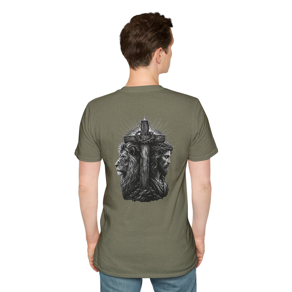 Cross Lion and Jesus Back Print T-Shirt — Wood Cross Chest Christian Faith Graphic