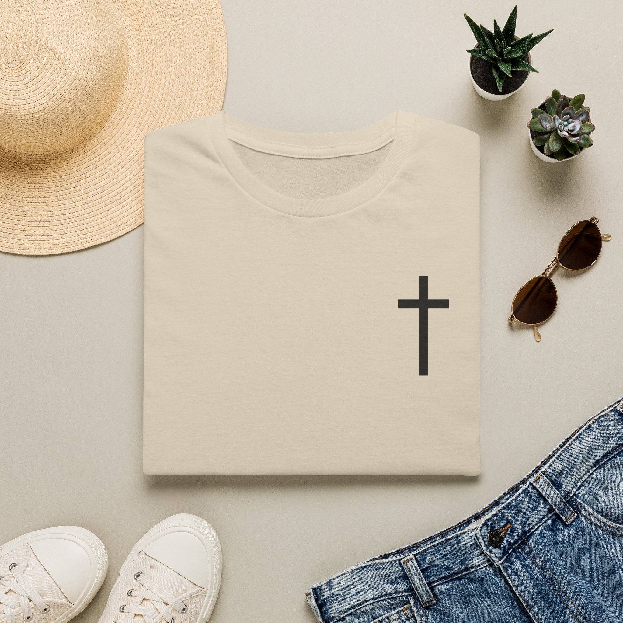 Man of Faith Rooted in Christ T-Shirt — Christian Gift for Him Flag & Cross Back Print Graphic Tee