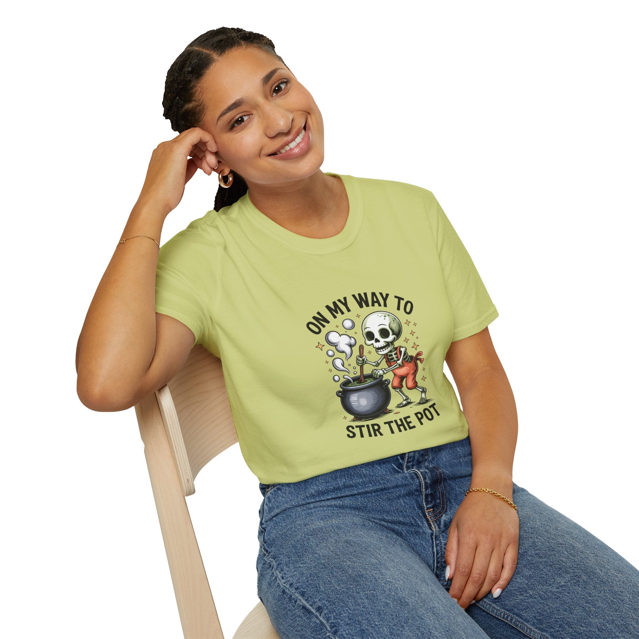 On My Way to Stir the Pot Skeleton T-Shirt — Funny Halloween Gift for Women