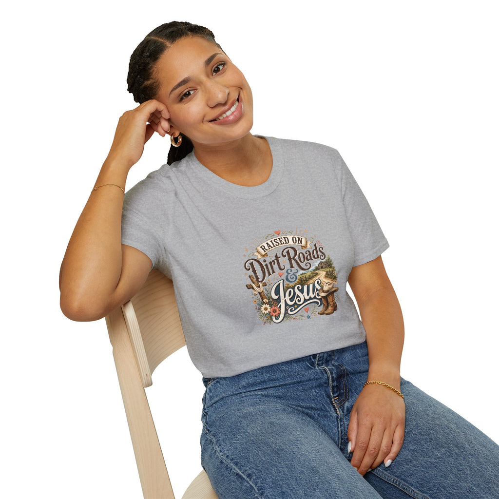 Raised on Dirt Roads & Jesus T-Shirt — Rustic Christian Gift for Women Faith Tee