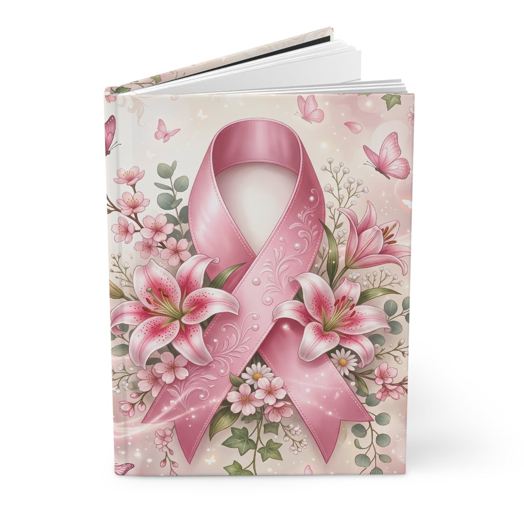 Breast Cancer Awareness Hardcover Journal — Pink Ribbon Floral Notebook