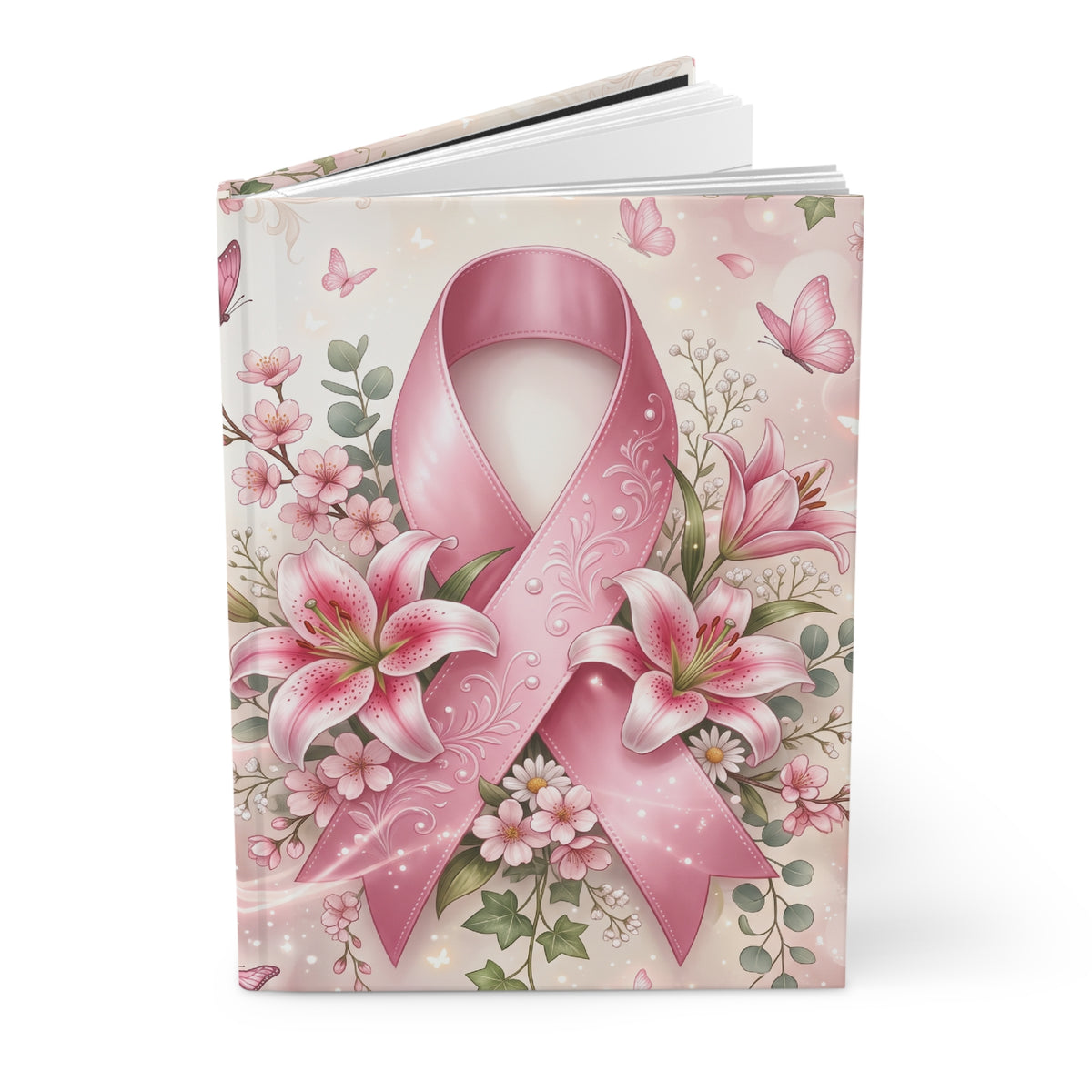 Breast Cancer Awareness Hardcover Journal — Pink Ribbon Floral Notebook