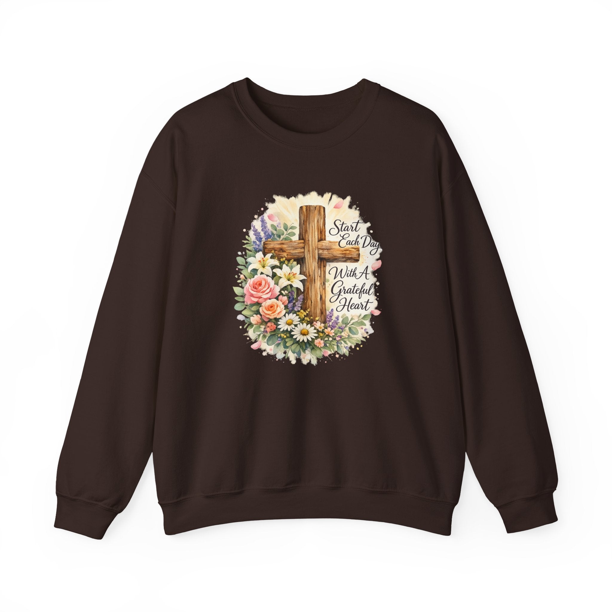 Christian Crewneck Sweatshirt — "Start Each Day with a Grateful Heart" Floral Cross