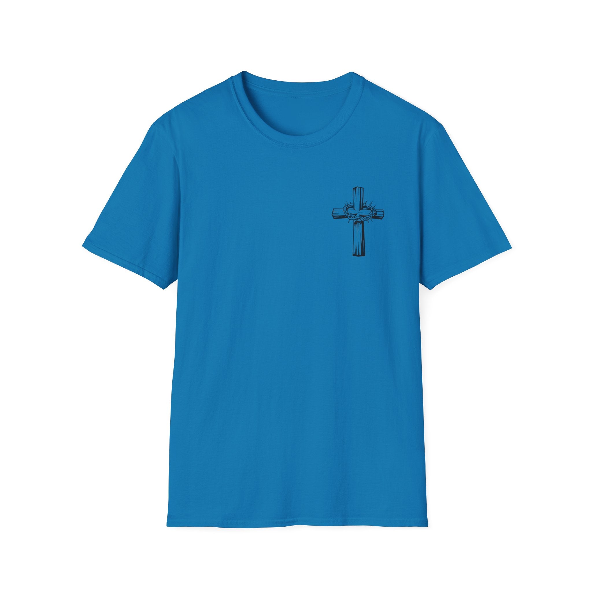 Cross Lion and Jesus Back Print T-Shirt — Wood Cross Chest Christian Faith Graphic