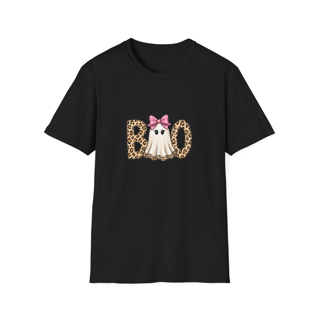 Boo Leopard Ghost T-Shirt — Cute Pink Bow Halloween Gift for Women Graphic Tee