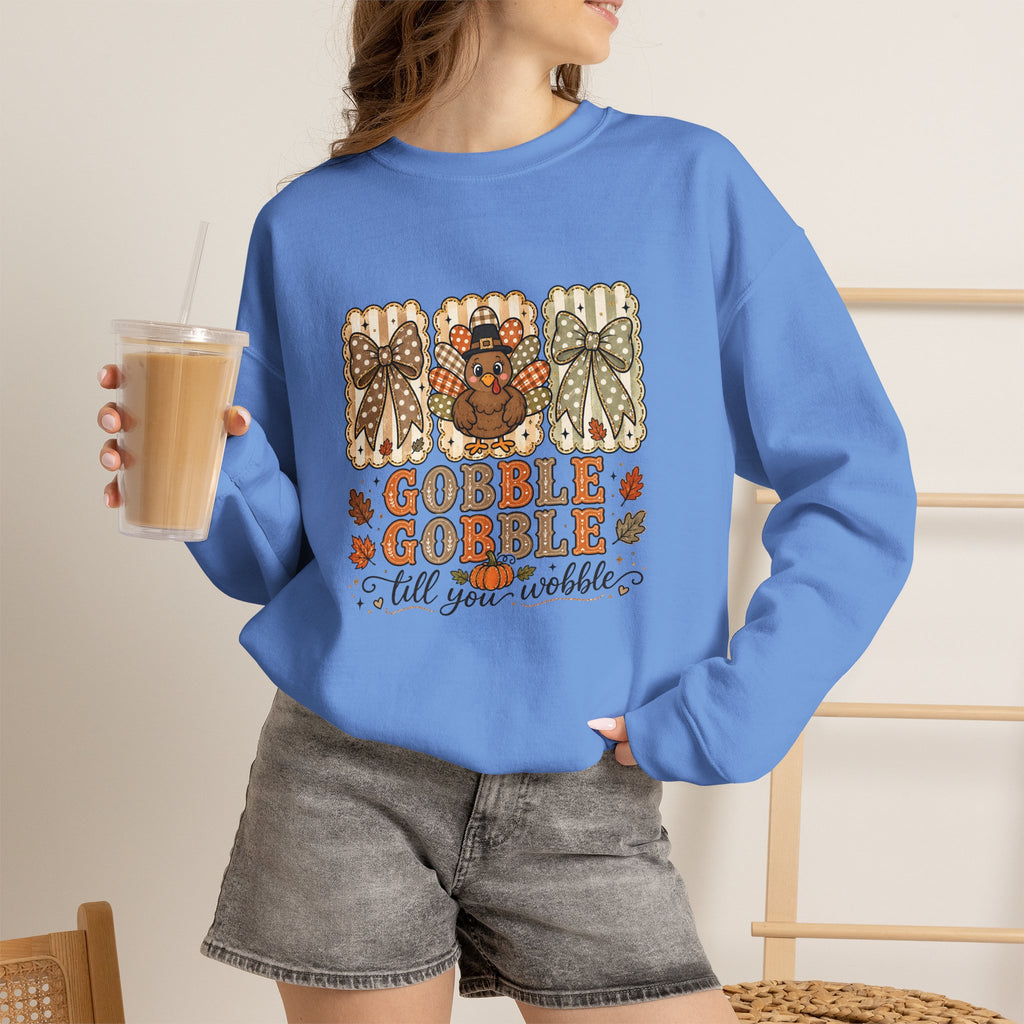 Thanksgiving Crewneck Sweatshirt — "Gobble Gobble 'til You Wobble" Turkey Design