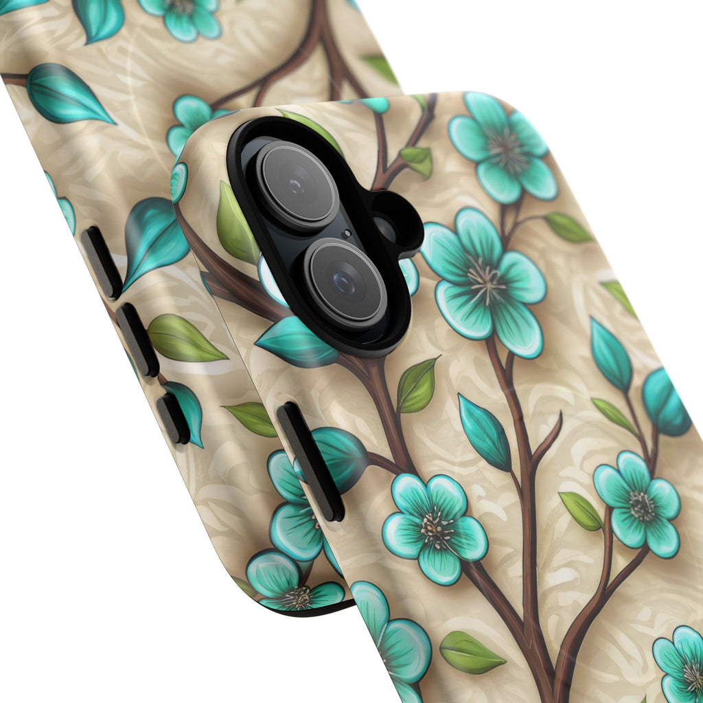 Floral Teal Blossom Tough Magnetic iPhone Case — MagSafe Protective Cover
