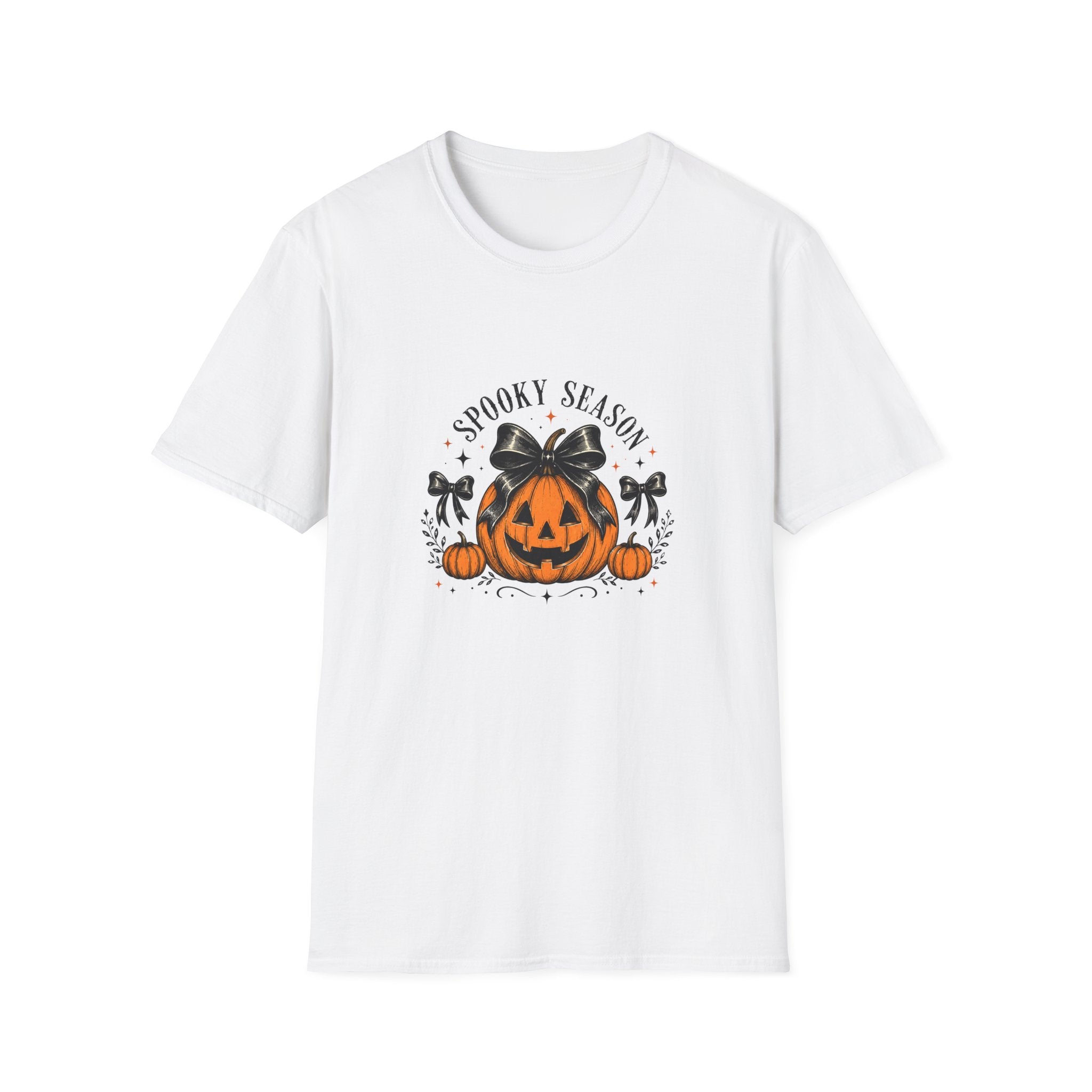 Spooky Season Jack-O'-Lantern Bow T-Shirt — Cute Halloween Gift for Women Graphic Tee